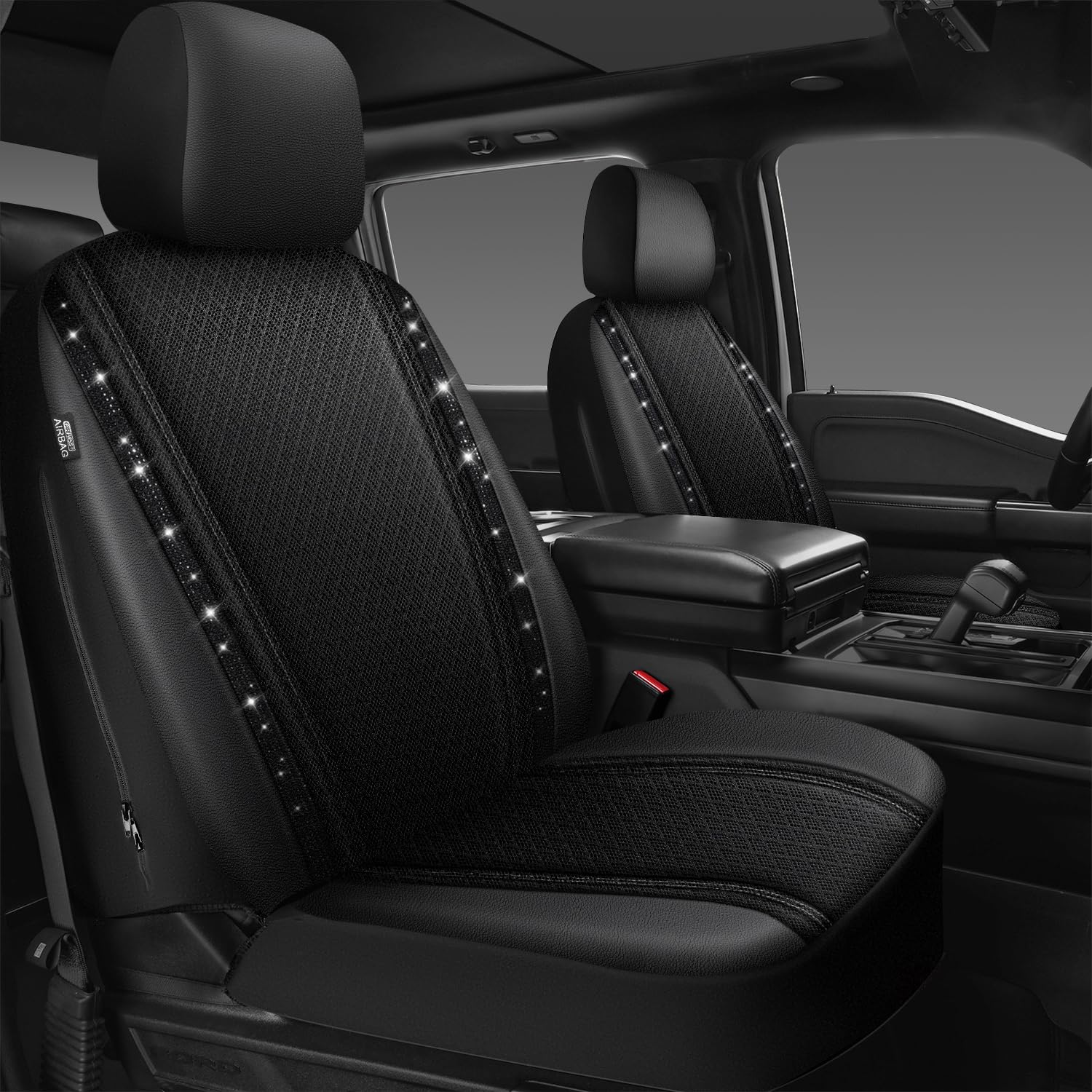 CAR PASS Memory Foam Mesh Bling Diamond Car Seat Cover 2 Front Seats Breathable Soft Sponge Universal Shining Glitter Sparkly Crystal Fit Armrest Automotive Truck SUV Cute Women Girl, Black Rhinestone