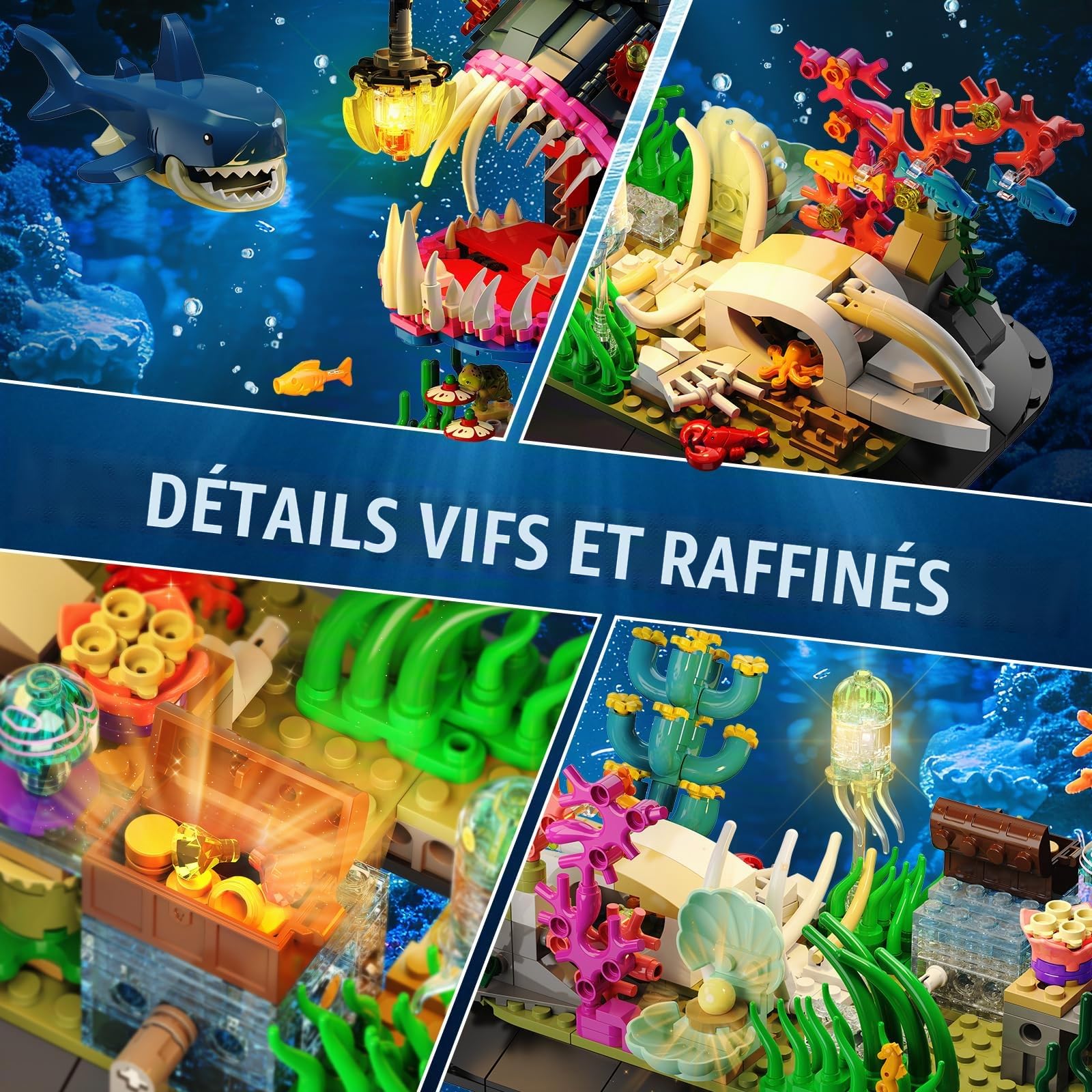INSOON Set de Construction Poisson-Lanterne Mécanique avec Lumières, Poisson-Pêcheur Articulé avec Requin et Méduse, Kit Animal Marin 1139 Pièces, Cadeau Déco Adultes et Enfants 12+