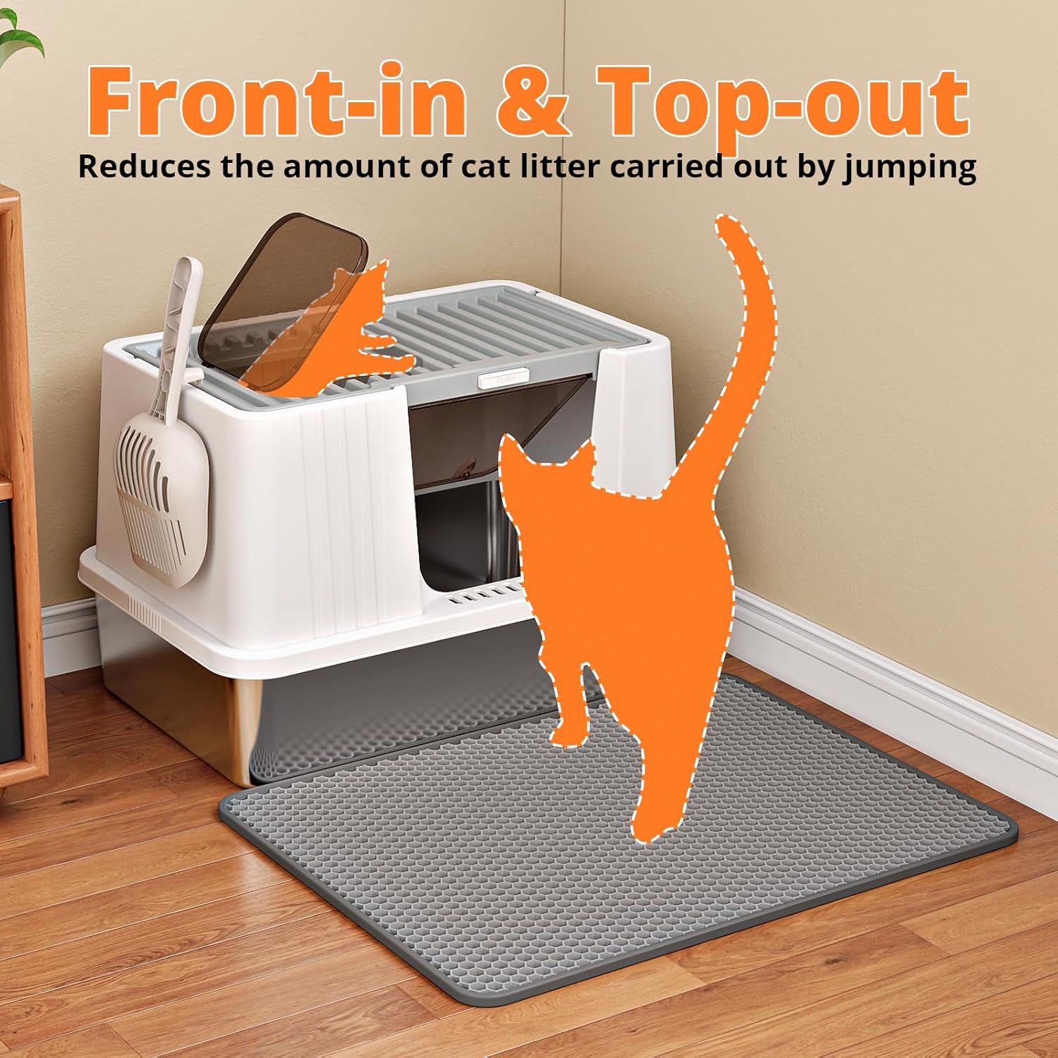 Oneluck Stainless Steel Cat Litter Box with Enclosed Lid, Front Entry & Top Exit, Odor Control Anti-Leakage Kitty Litter Pan for Small Medium Cats, Easy Clean Assemble (White)