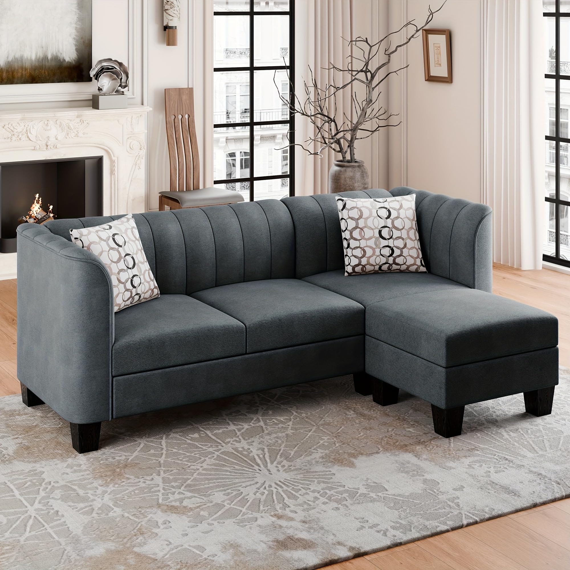 Vongrasig 79-inch Sectional Sofa in Light Gray with reversible ottoman.