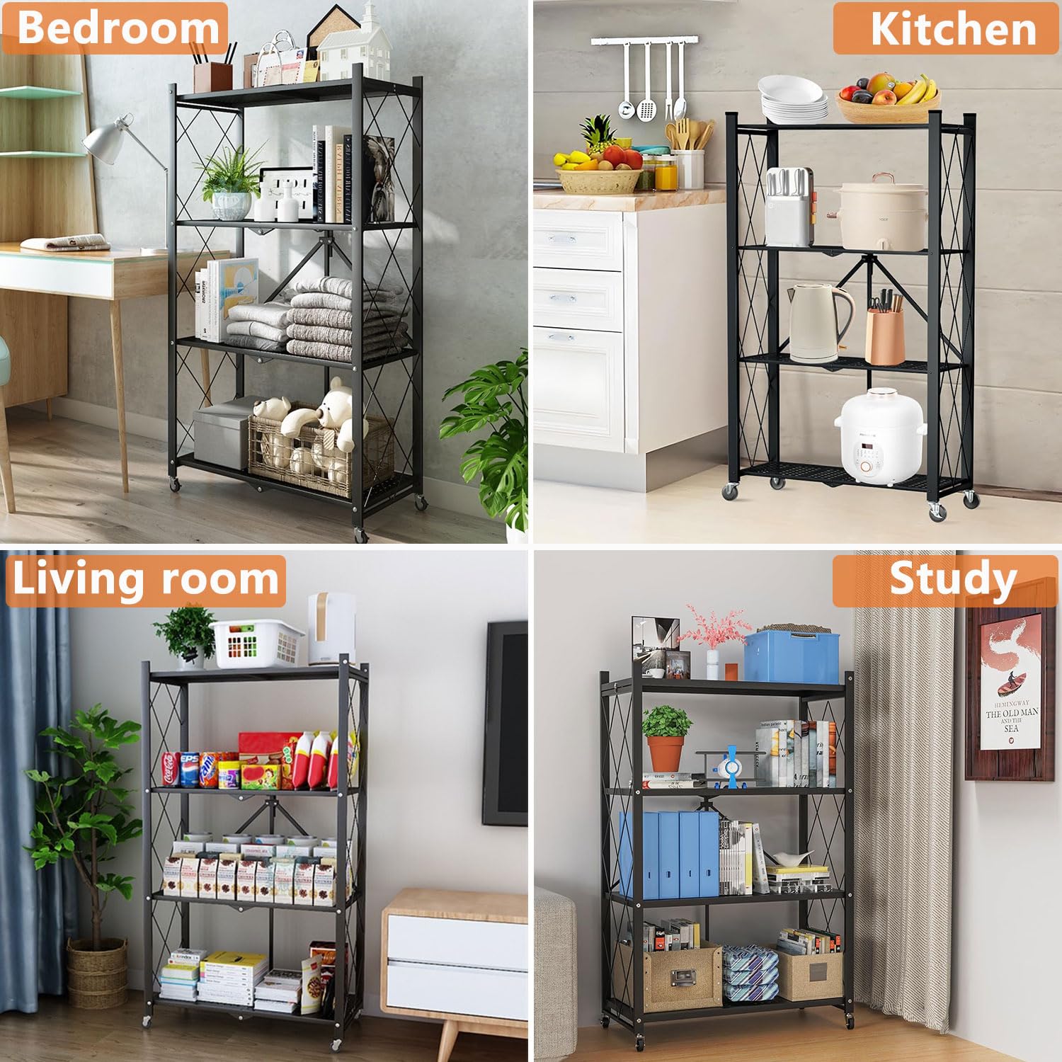 Lar Capaci nizer - Scaffale a 4 ripiani in metallo, per cucina, lavanderia e bagno, pieghevole, con ruote (nero)