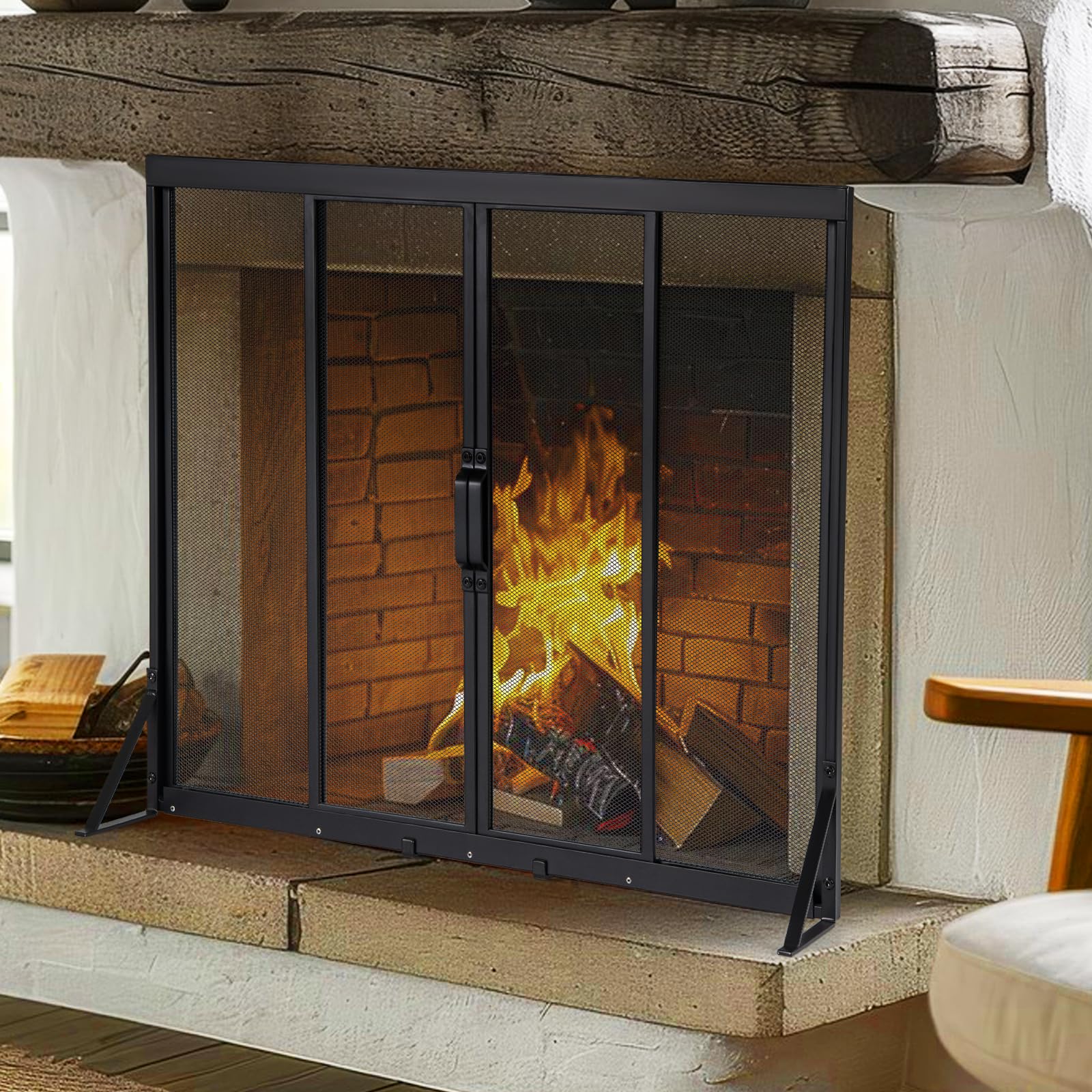 COSTWAY Pare Feu Cheminée avec Portes Coulissantes, Écran Métal, Pare-étincelles Maille, Grille Protection Poêle, Cadre Triangulaire 96x79 cm