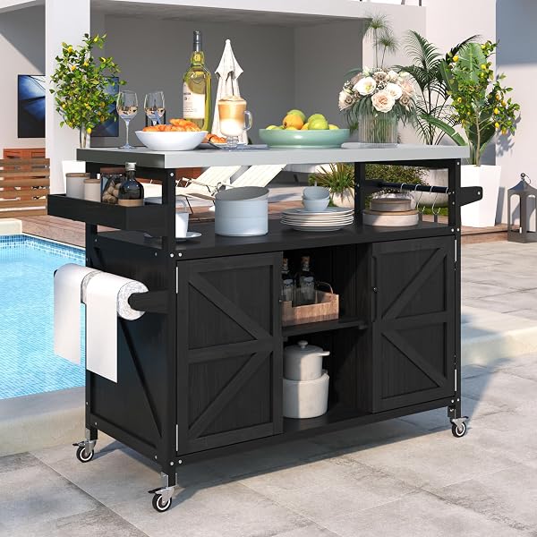 66.5" Outdoor Kitchen Island Grill Cart for Large Big Green Egg & Kamado Joe,Rolling Grill cart with Storage,Stainless Steel Top,Compatible with 21-22 inch Tabletop Grills (Black, 66.5 inch) - 1