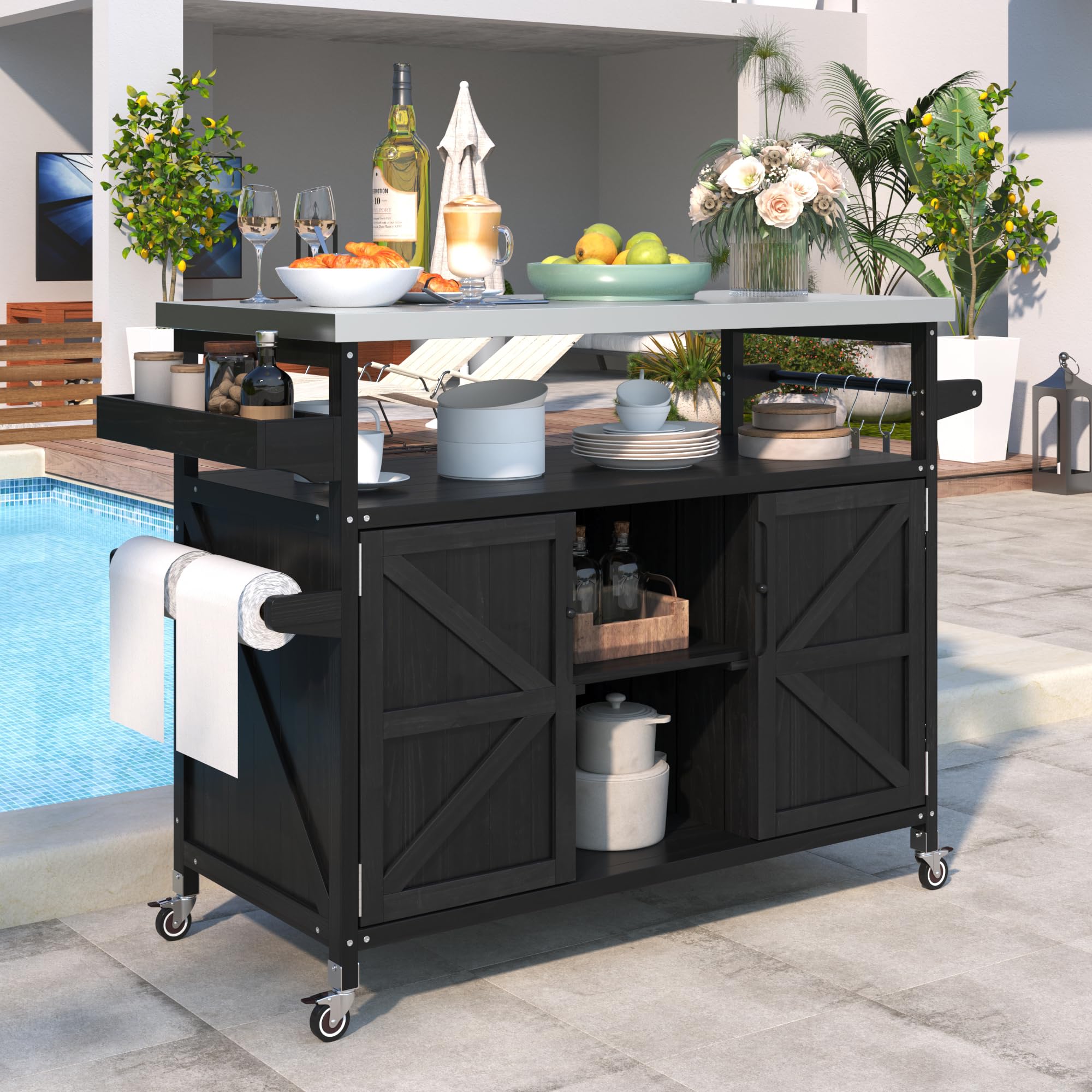 66.5" Outdoor Kitchen Island Grill Cart for Large Big Green Egg & Kamado Joe,Rolling Grill cart with Storage,Stainless Steel Top,Compatible with 21-22 inch Tabletop Grills (Black, 66.5 inch)