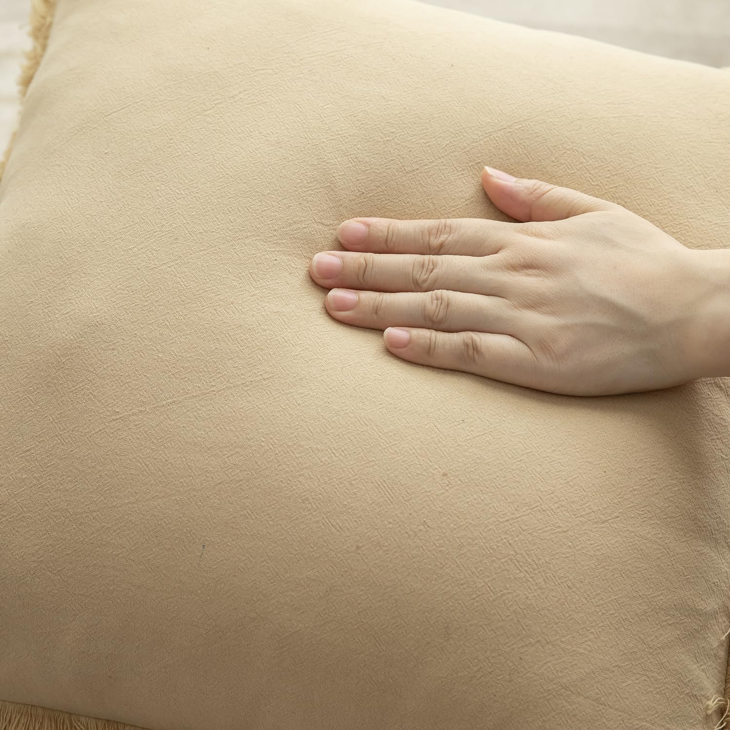 Mandioo Set of 2 Neutral Cotton Fringe Cushion Covers 60x60 cm 24x24 inch Decorative Boho Farmhouse Throw Pillowcase Cozy Tassels for Couch Sofa Bedroom Living Room Home Decor Khaki - Image 4