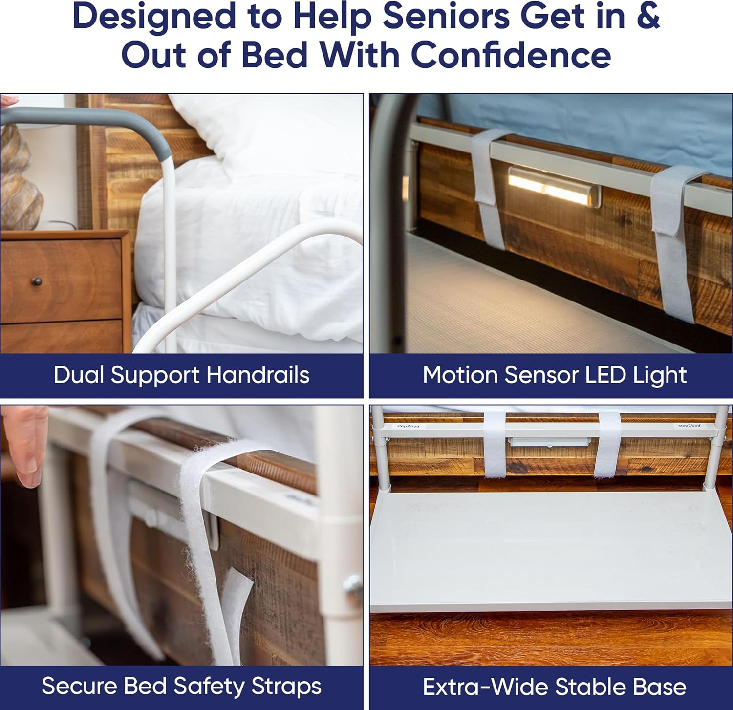 step2bed Bed Step Stool for Adults – Adjustable Bedside Platform with Safety Handle, Motion Sensor Light & Wide Base, Bedside Steps for Beds and Seniors