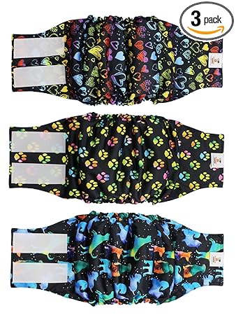 POOCH CARE Reusable Dog Diapers Male Medium (3 Pack), Washable Male Dog Belly Bands Wraps, Paw Love