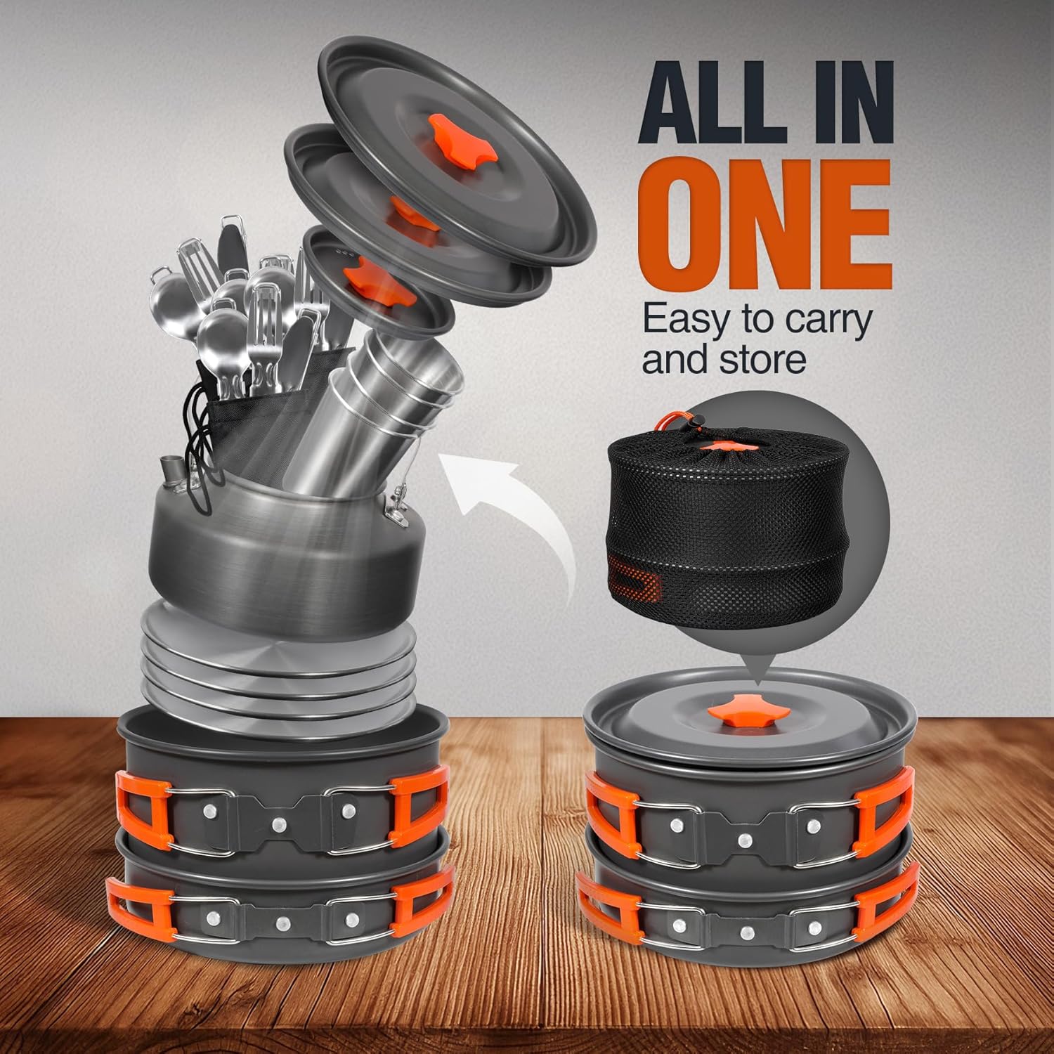 REDCAMP 6/10/11/12/14/15/19 PCS Camping Cookware Mess Kit Camping Gear Campfire Utensils Lightweight Stackable Pot Pan Bowls Soup Spoon with Storage Bag for Camping, Backpacking, Outdoor Cooking