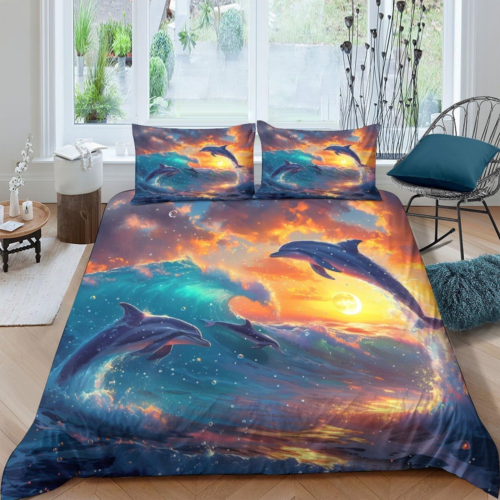 Ctjqhvkz Style-3 3D Printed Dolphin Ocean Sunset Fitted Sheet Microfiber Soft Mattress Cover For Bedroom Dorm Home Decor Easy Care Single（135X200cm）