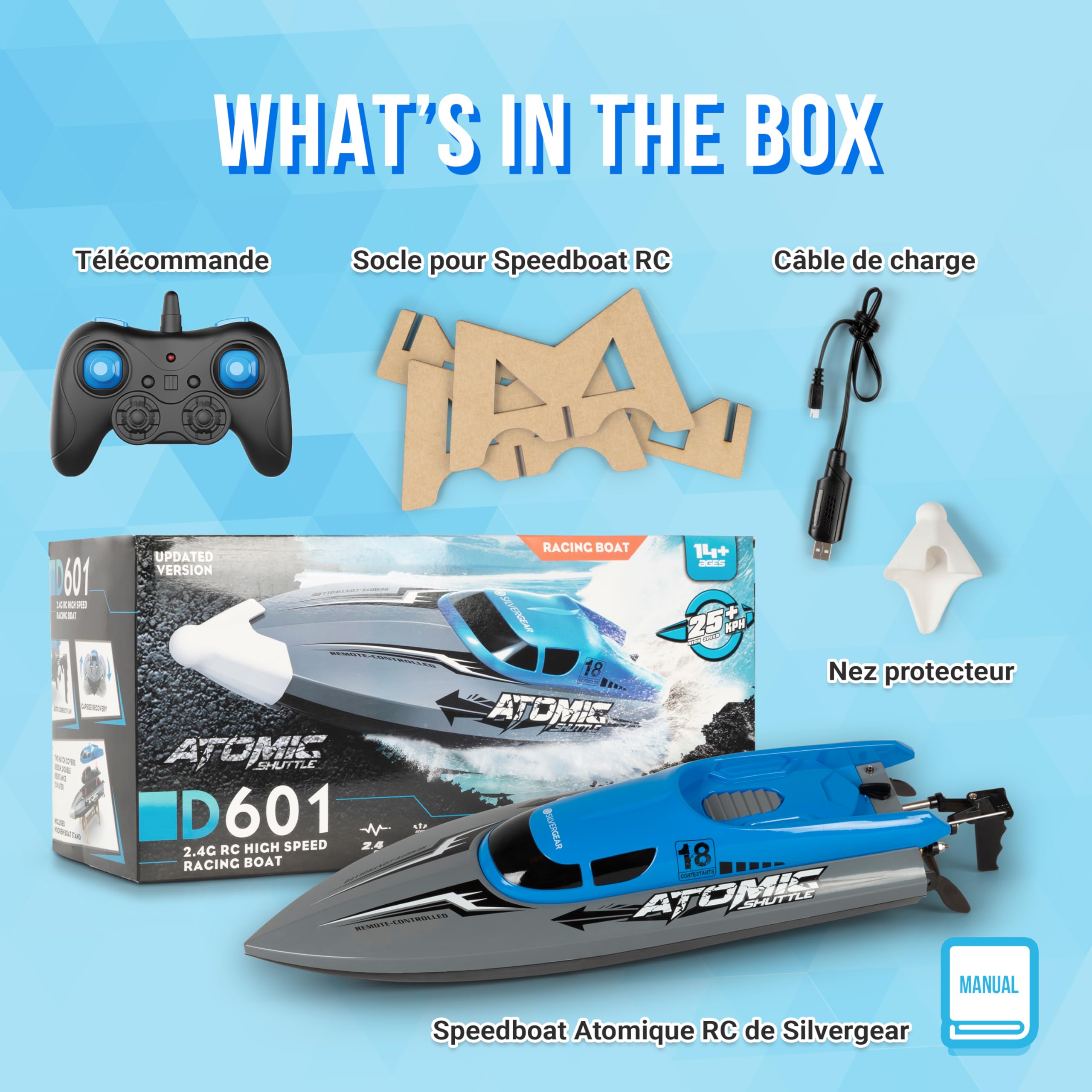 Silvergear® Bateau Télécommandé à Grande Vitesse 30Km/h et 2.4GHz | Anti-basculement pour Enfants et Adultes | RC Electrique