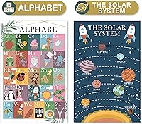 Vista 4 de 4 carteles del alfabeto, mapa de Estados Unidos, mapa del mundo y sistema solar, gráficos ABC laminados para decoración de pared de niños pequeños