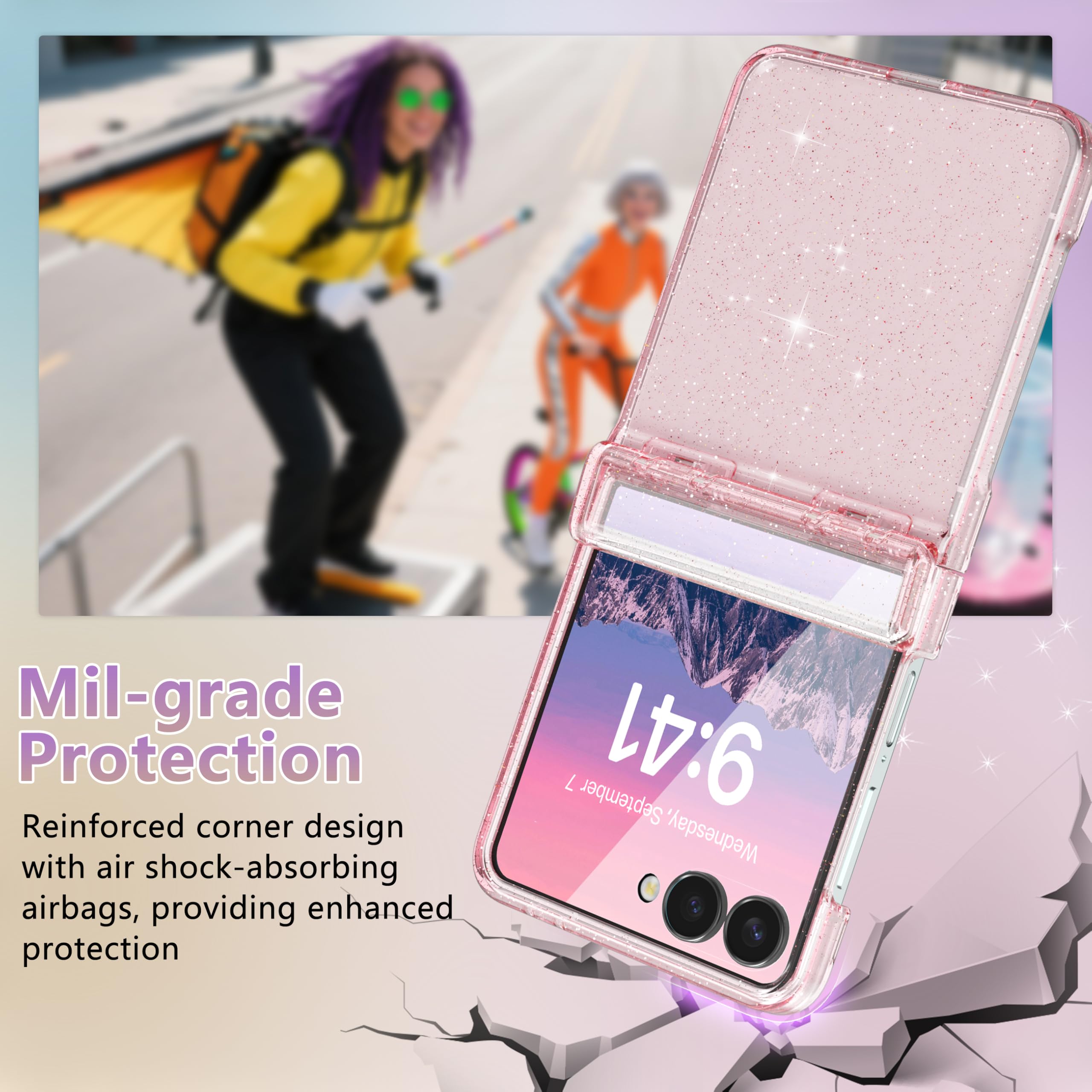 FABSPARK Schutzhülle für Samsung Galaxy Z Flip 7, integrierter Displayschutz, Scharnierschutz, funkelnder Glitzer, kristallklar, transparent, schmale Passform, Acryl, hartes Polycarbonat für Samsung Z