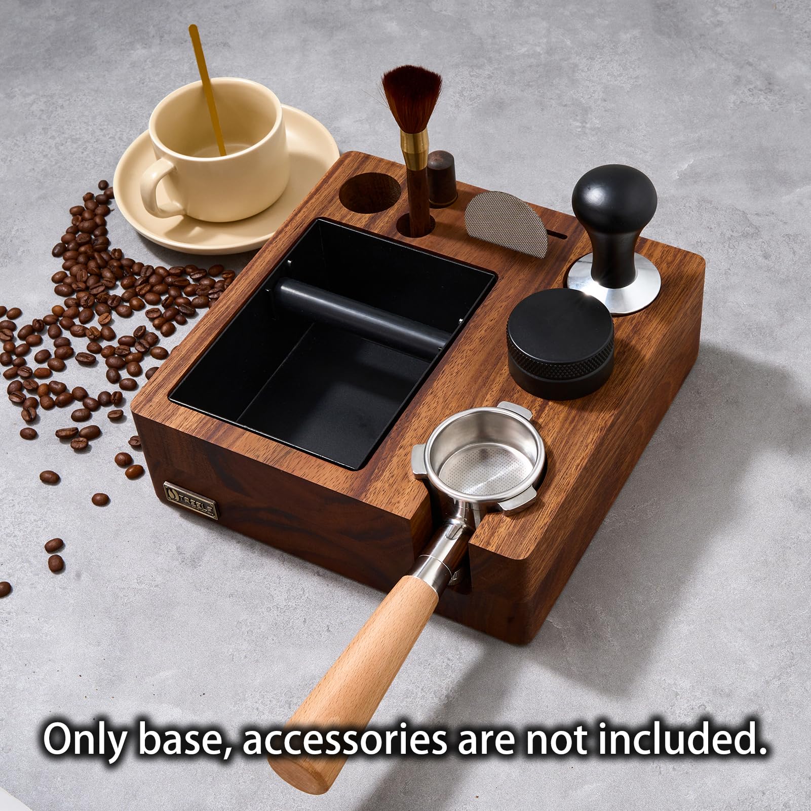 LingTing Espresso Tampierstation 58mm aus Massiv Nussbaum - Barista Arbeitsplatz mit Anti-Druck Basis & Tamper Halterung für Thekenorganizer (Nussbaumholz - 58mm Große Größe)