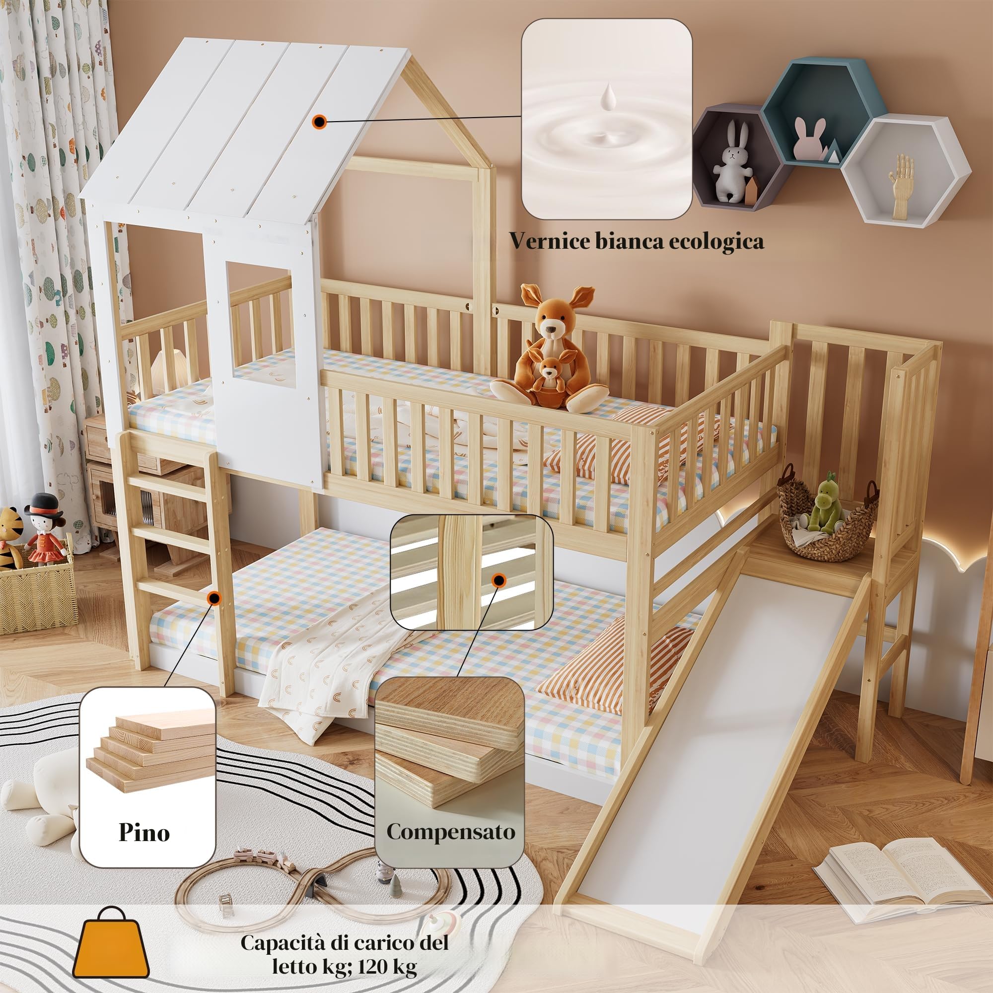 Letto a soppalco con scala ad angolo retto e scivolo, letto per casa con tetto e finestra, letto per bambini con protezione anti-caduta e griglia, struttura in pino, Natural+Bianco (90x200cm