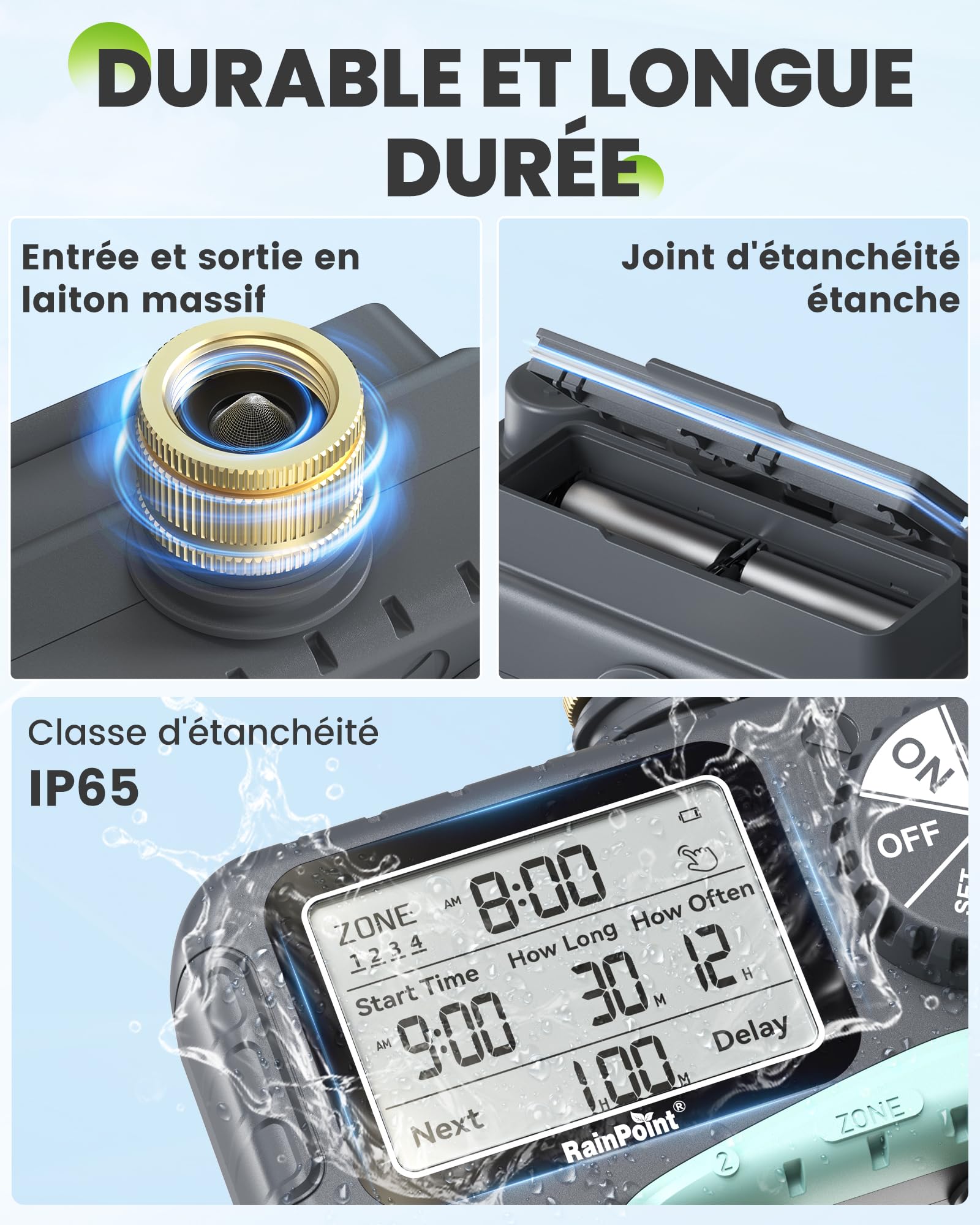 RAINPOINT Programmateur Arrosage 4 Voies, Entrée et Sortie en Laiton, Étanche IP65, Minuterie Arrosage Automatique avec Retard de Pluie/Irrigation Manuelle, pour Serre, Pelouse et Jardin