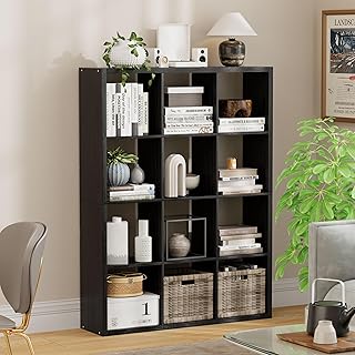 Jpiziso 12-Cube Storage Organizer, Wooden Cube Shelf Bookcase with Reinforced Thick Shelves, Heavy-Duty 36.93" L x 9.37" W x 48.82" H, for Living Room Bedroom Home Office, Black
