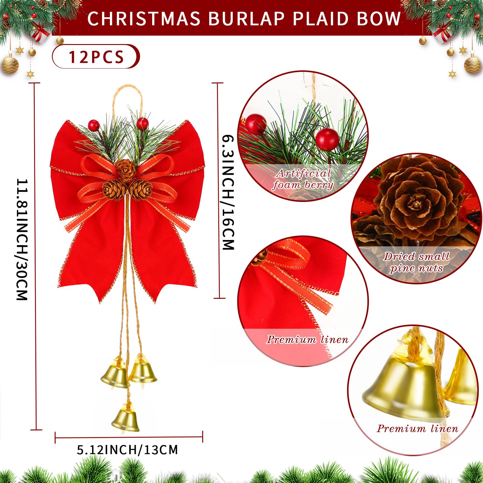 Yuxung 12 Pcs Christmas Bows with Pine Cones, Wreath Ornaments, Bell Tree Toppers for Xmas Party Decoration, Kitchen Cabinet (Red)