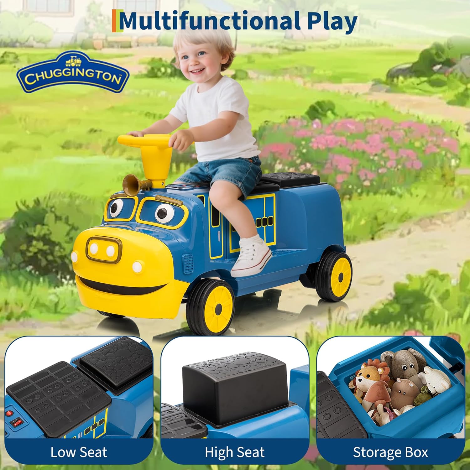 GarveeLife 2 Seater Ride On Train Trackless, 12V Kids Ride On Toy with Height Adjustable Seat, Storage Space, Music, 2 Speeds, Electric Car for Toddlers 3+ Carriage Not Included-Blue