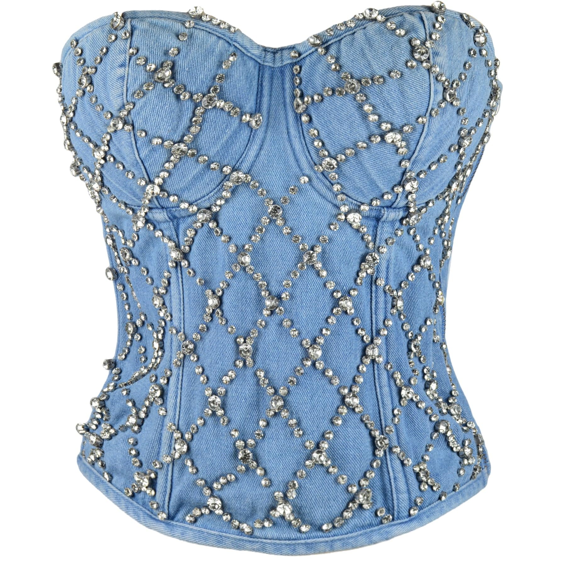 Women's Sexy Denim Rhinestone Corset Club Party Jeans Bodysuit-image-2
