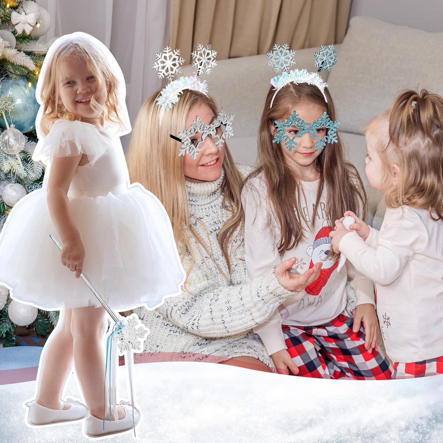 Jutom 9 Pcs Christmas Snowflake Headband Princess Snowflake Wand Head Boppers Glitter Christmas Eyeglasses Accessories for Xmas Birthday Party