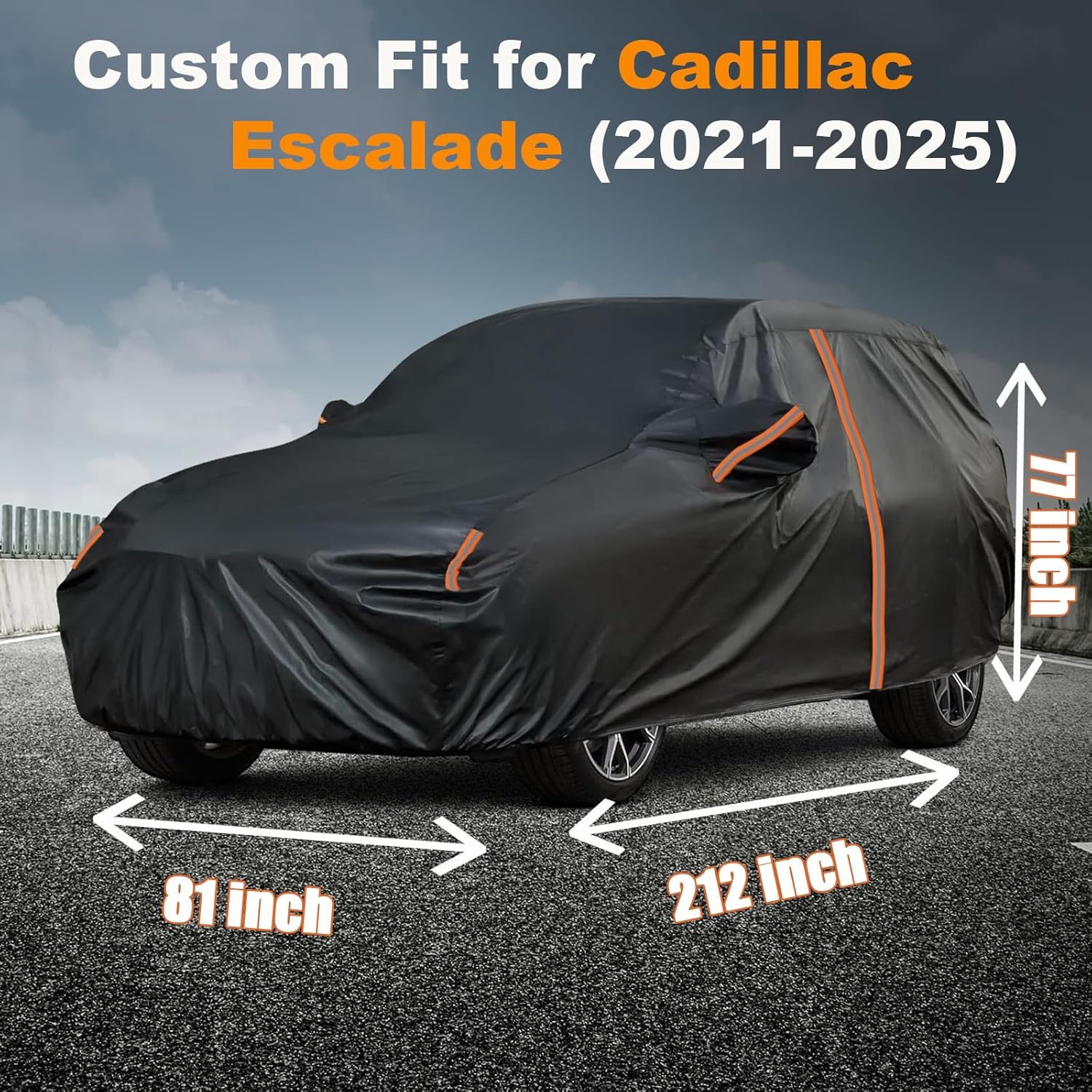 Waterproof SUV Car Cover Custom Fit for Cadillac Escalade 2021-2025, All Weather Outdoor SUV Car Covers with Zipper Door, Windproof Bands Cover,Reflective Strip for Snow Rain Dust Cover,Sun UV Protect