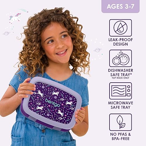 Miniatura 3 de Bentgo Kids Prints, Lonchera infantil a prueba de fugas, 5 compartimentos, estilo bento, tamaño de porción ideal para edades de 3 a 7 años, libre de