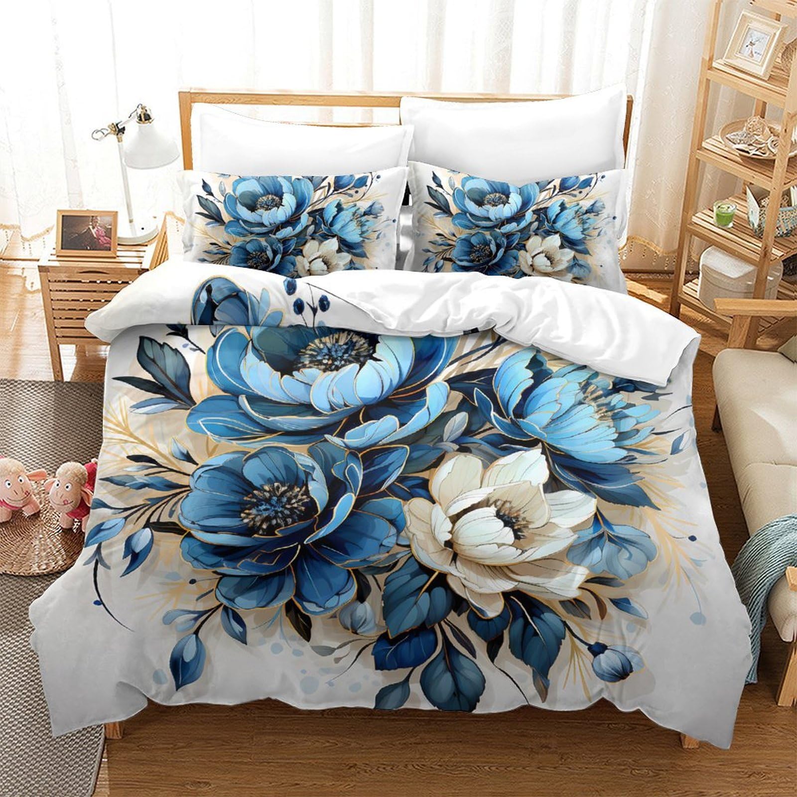 Linge de lit super king bouquet de fleurs bleu pour chambre double parentale