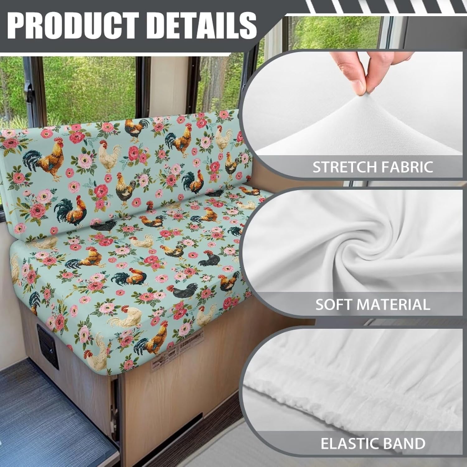 Rv Dinette Cushion Covers, Rv Couch Replacement Covers for Rv Camper, Rooster Floral Rv Accessories Stretch Camper Rv Bench Seat Protector(1 Bench Cover & 1 Backrest Cover) for Dinette