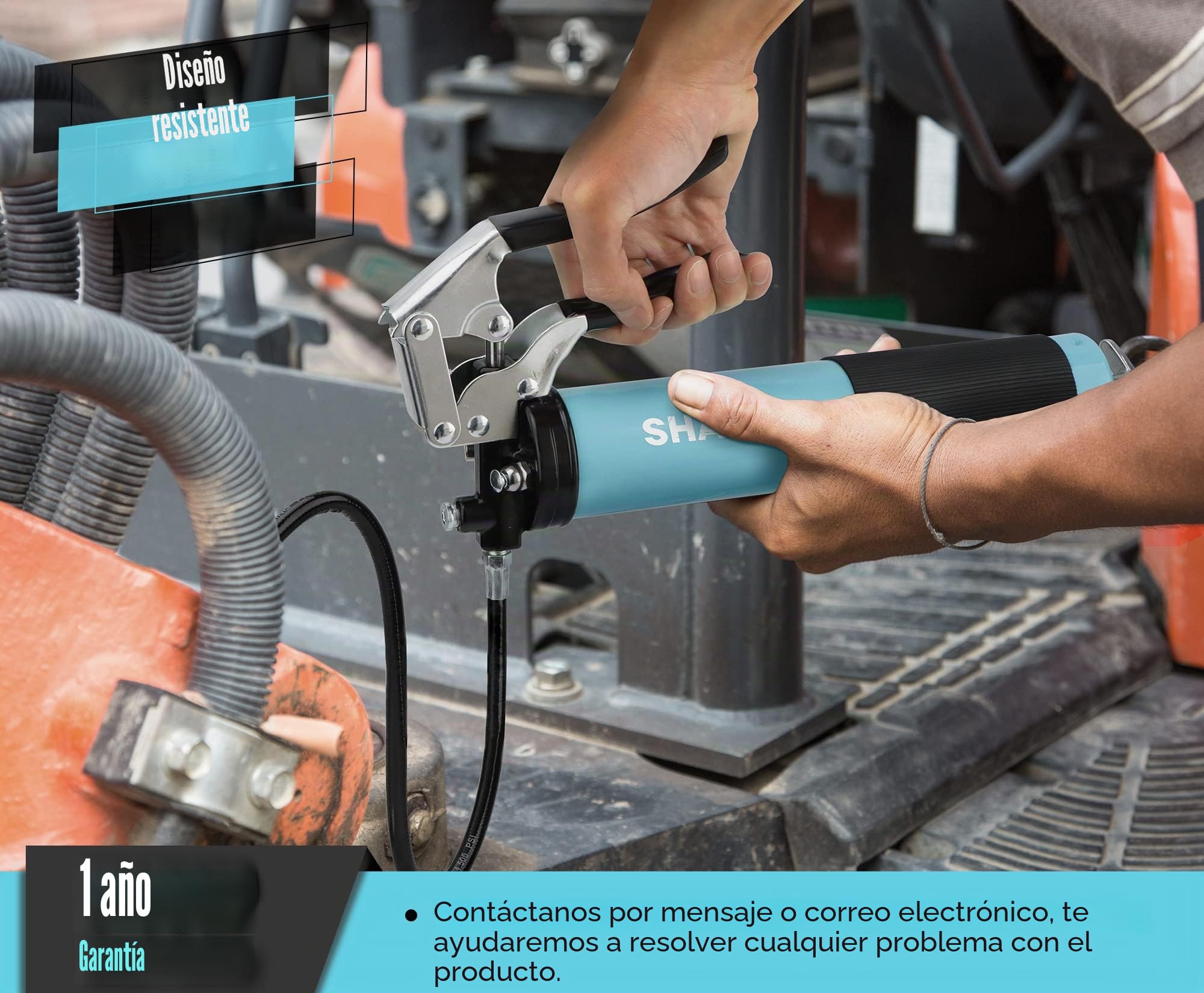 SHALL Pistola engrasadora, kit de pistola engrasadora con empuñadura de pistola de servicio pesado de 7000 PSI, manguera flexible con resorte de 18", 2 tubos rígidos de extensión, boquilla afilada