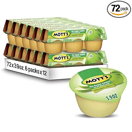 Mott's No Sugar Added Granny Smith Applesauce, 3.9 Oz Cups, 72 Count (12 Packs Of 6), Good Source Of Vitamin C, No Artificial Flavors