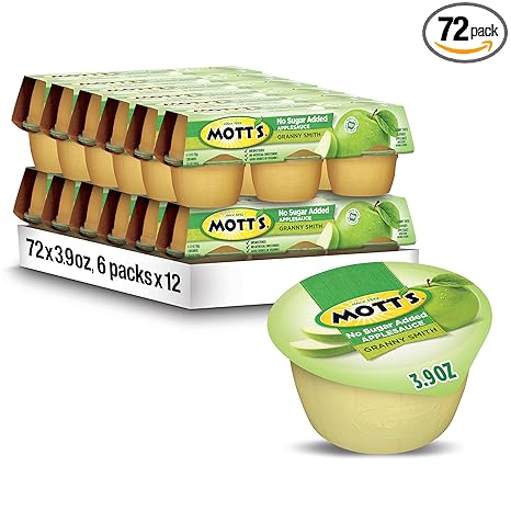 Mott's No Sugar Added Granny Smith Applesauce, 3.9 Oz Cups, 72 Count (12 Packs Of 6), Good Source Of Vitamin C, No Artificial Flavors