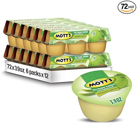 Mott's No Sugar Added Granny Smith Applesauce, 3.9 Oz Cups, 72 Count (12 Packs Of 6), Good Source Of Vitamin C, No Artificial Flavors