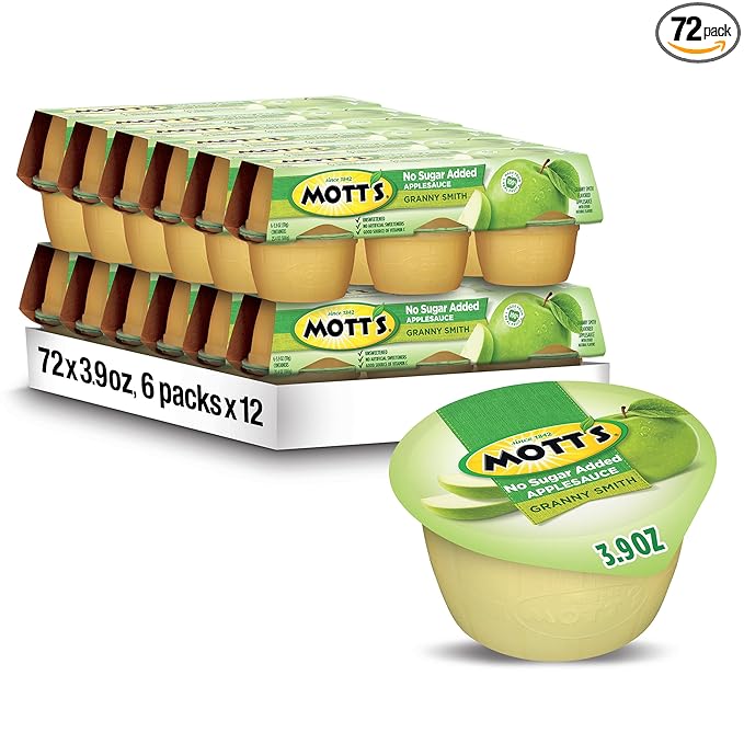 Mott's No Sugar Added Granny Smith Applesauce, 3.9 Oz Cups, 72 Count (12 Packs Of 6), Good Source Of Vitamin C, No Artificial Flavors