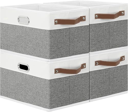 LOVSTORAGE Cajas de almacenamiento plegables, paquete de 4 contenedores organizadores de almacenamiento de tela con asas dobles de cuero, 15.0 x 9.8