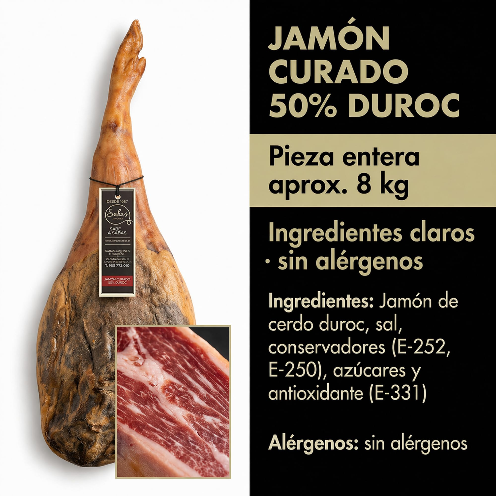 SABE A SABAS Jamon Curado 50% Duroc Gran Reserva Pieza Entera 8 kg Bodegas Curacion Natural Sin Gluten Sin LactosaTradicion Desde 1987 Corte Facil Bocadillos Tapas Aperitivos Regalo Gourmet Navidad