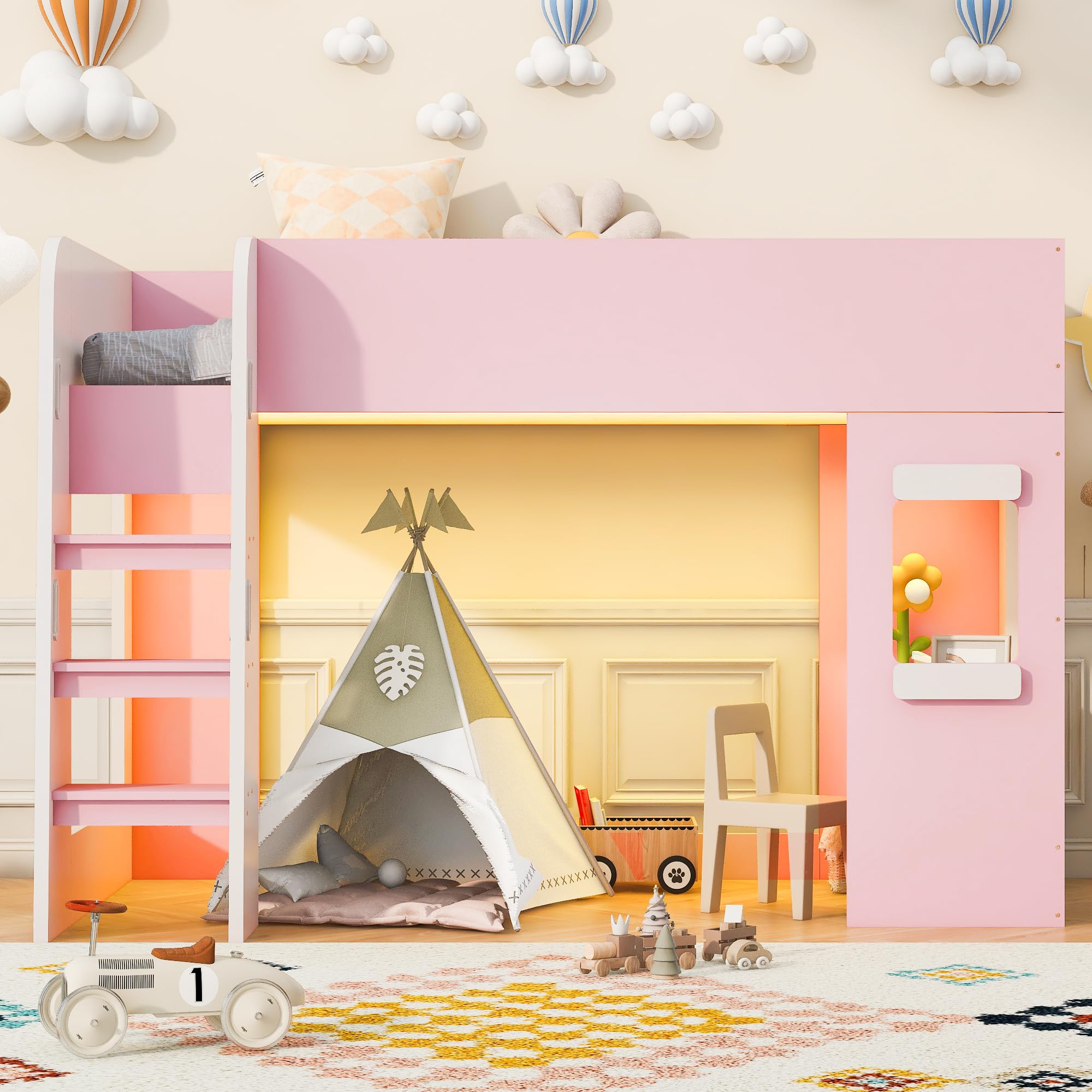 Merax Lit mezzanine en bois 90 x 200 cm avec barre lumineuse, petit bureau, barrière de protection haute et échelle sûre, lit pour adolescent, lit simple, rose (sans matelas)