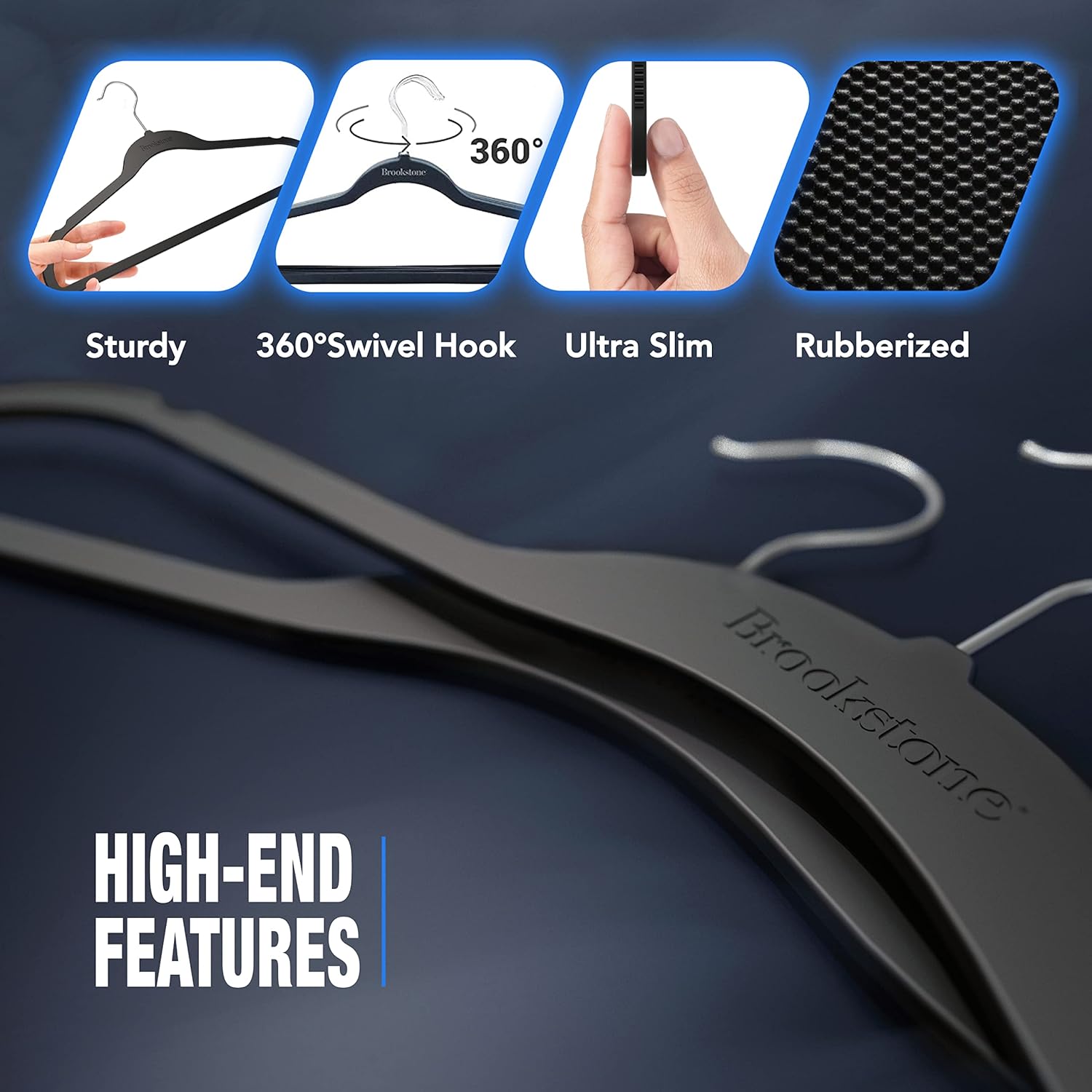 Icons depicting key features: sturdy construction, 360-degree swivel hook, ultra-slim profile, and rubberized surface.