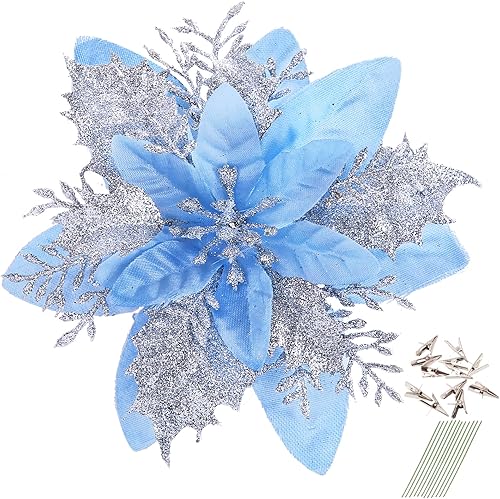Miniatura 102 de GREENTIME 12 flores de Pascua artificiales azules con purpurina de 5.5 pulgadas, flores de Navidad con clips, tallos de Navidad, adornos para árbol
