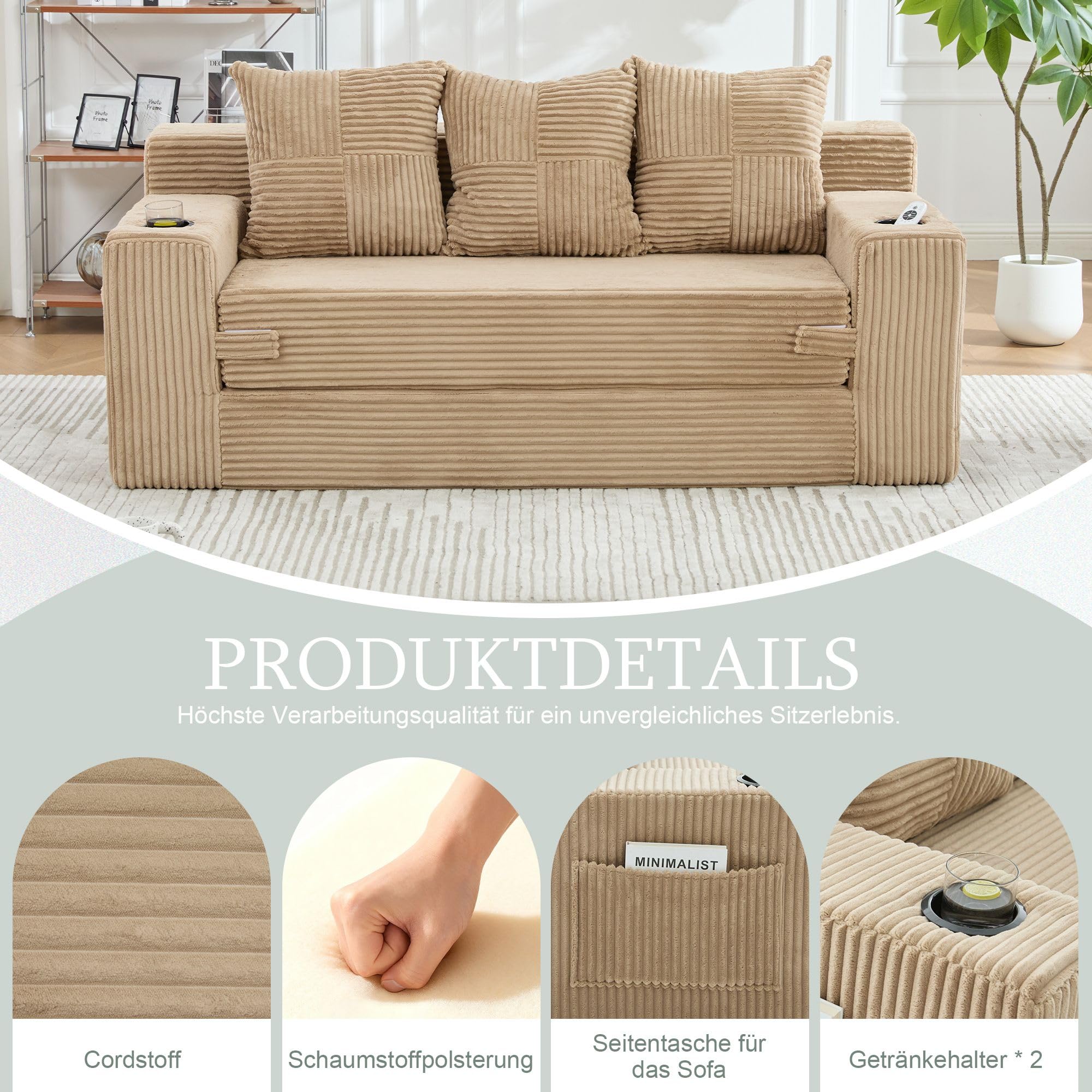 Wygodna 3-osobowa sofa sztruksowa khaki, sofa podłogowa z uchwytami na