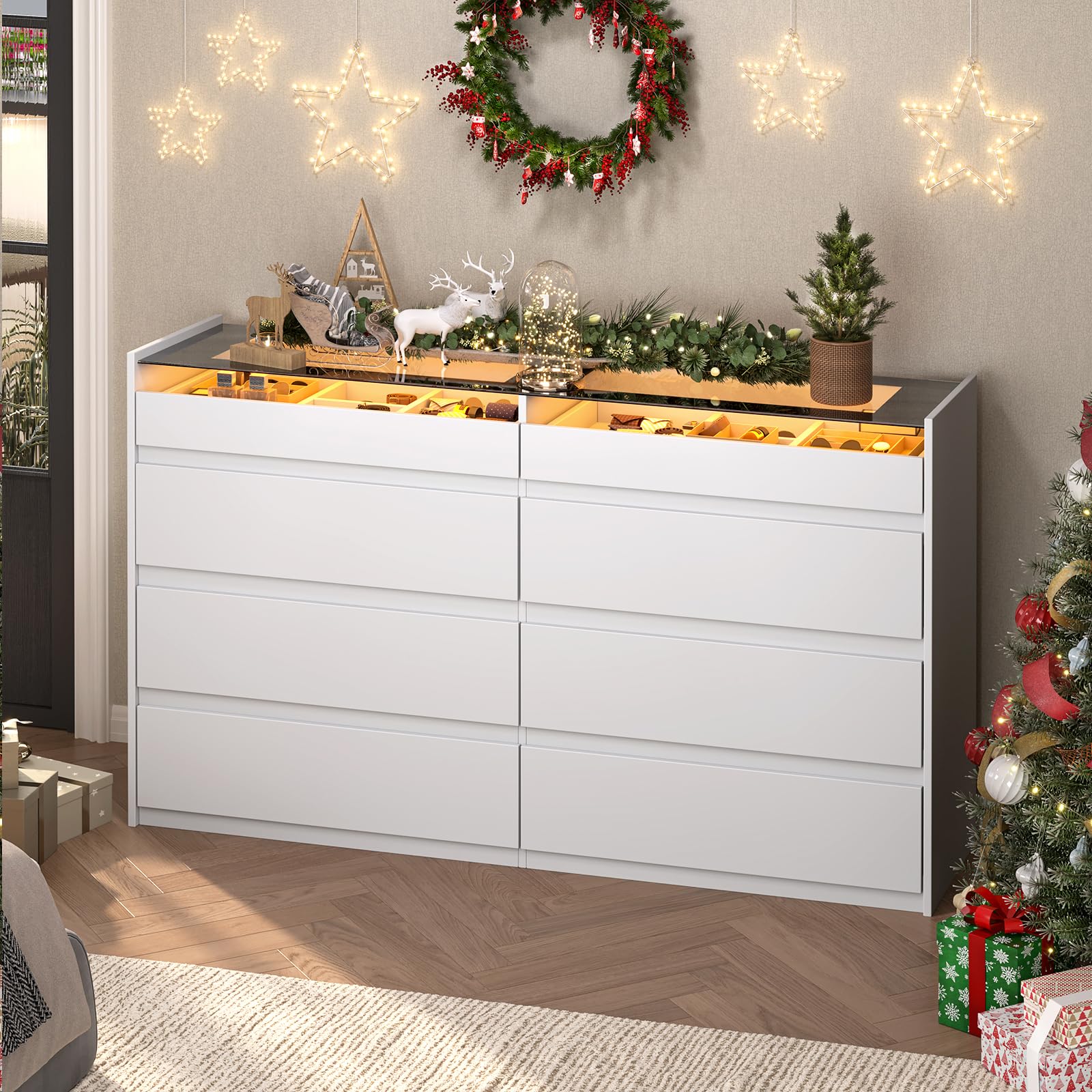 White 8 Drawer Dresser for Bedroom with LED Light, Modern Dresser Chest of Drawers with Hidden Handles and Glass Top, Dressers Organizer for Bedroom, Closet, Living Room