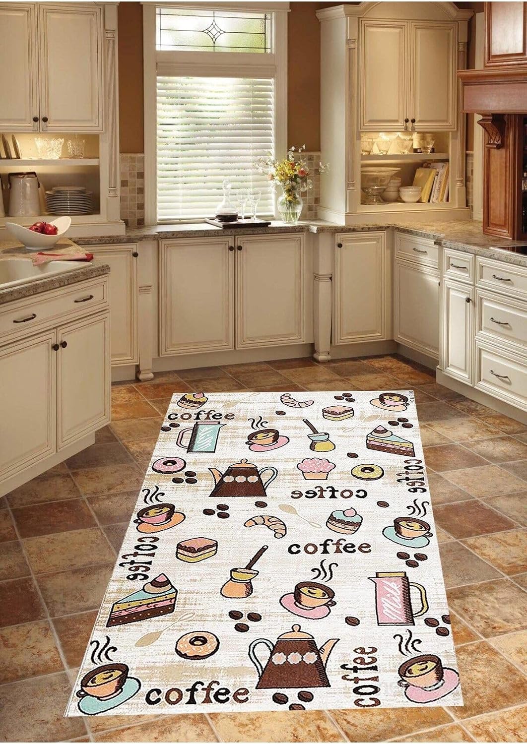 Pelangi Coffee Fincan Desenli Dijital Baskılı Kaymaz Taban Yıkanabilir Leke Tutmaz Siyah Mutfak Halısı, Krem 160 x 250
