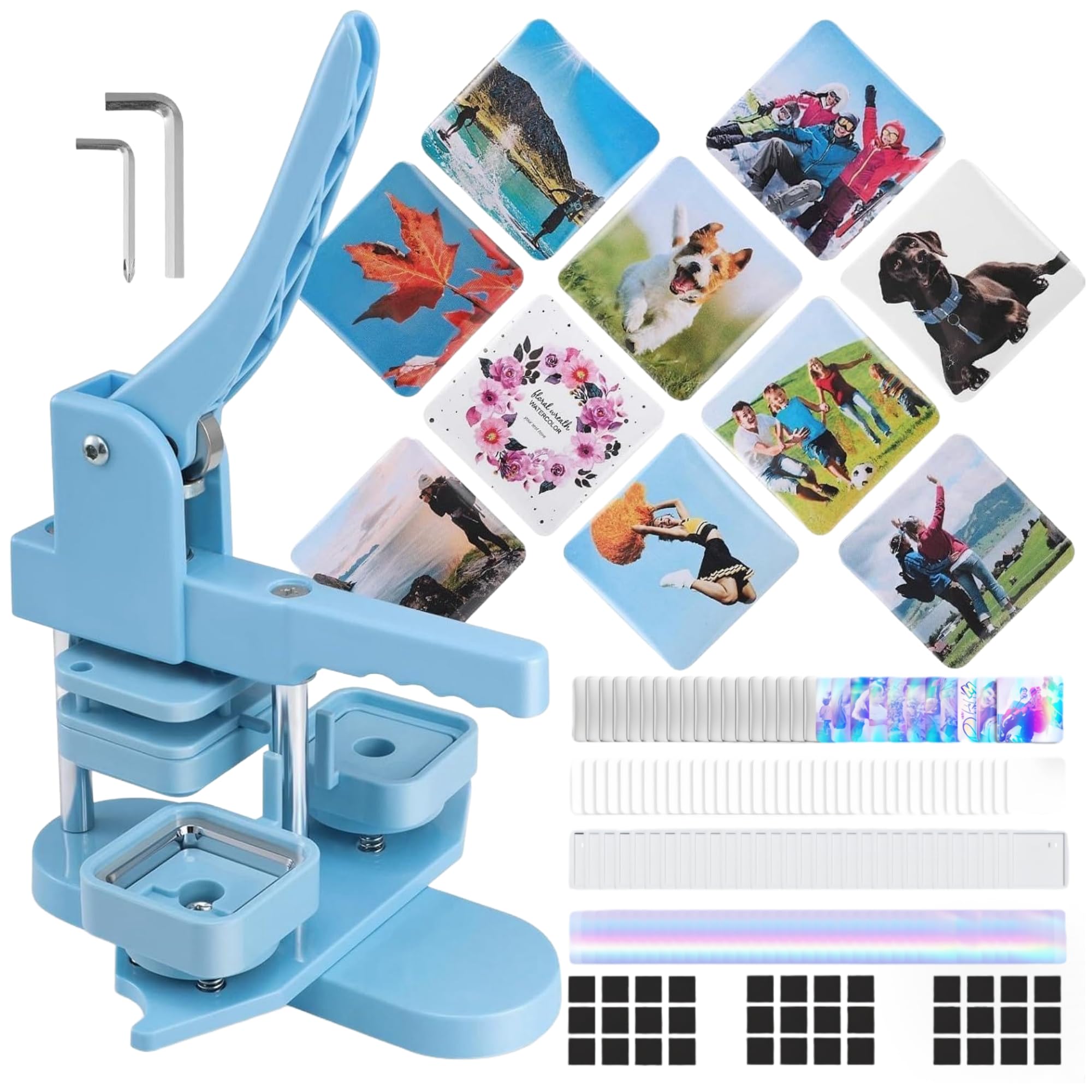 Square Photo Magnet Button Maker Kit - Holographic Film 2'' x 2'' Button Press Machine with 100 Set Fridge Magnet Making Supplies(Metal Cover, Film, Back Inserts), for School, Home, Small Business
