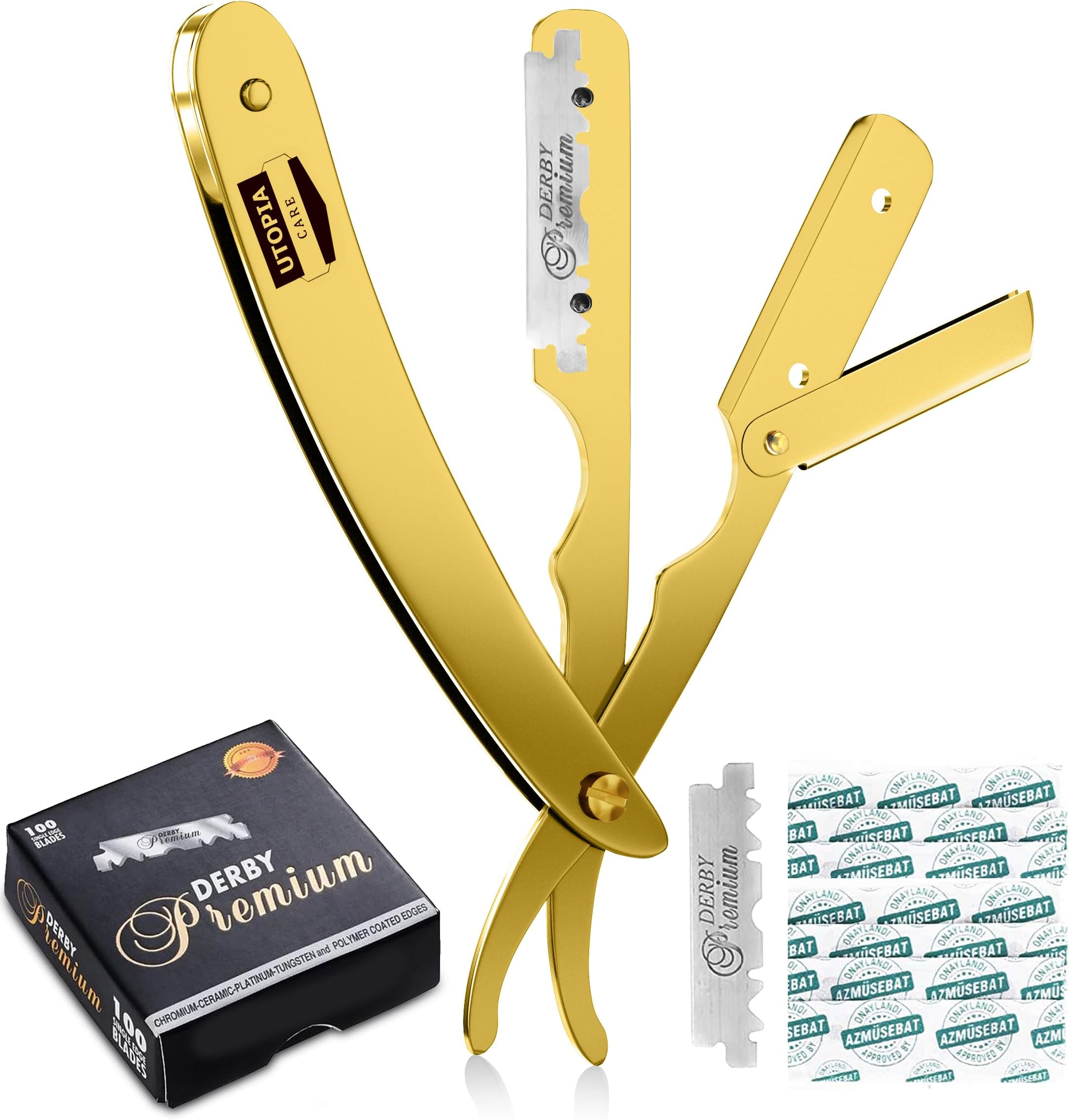 Utopia Care Professional Barber Straight Edge Razor Safety with 100-Pack Derby Blades - 100 Percent Stainless Steel - Pink (Gold, Standard)