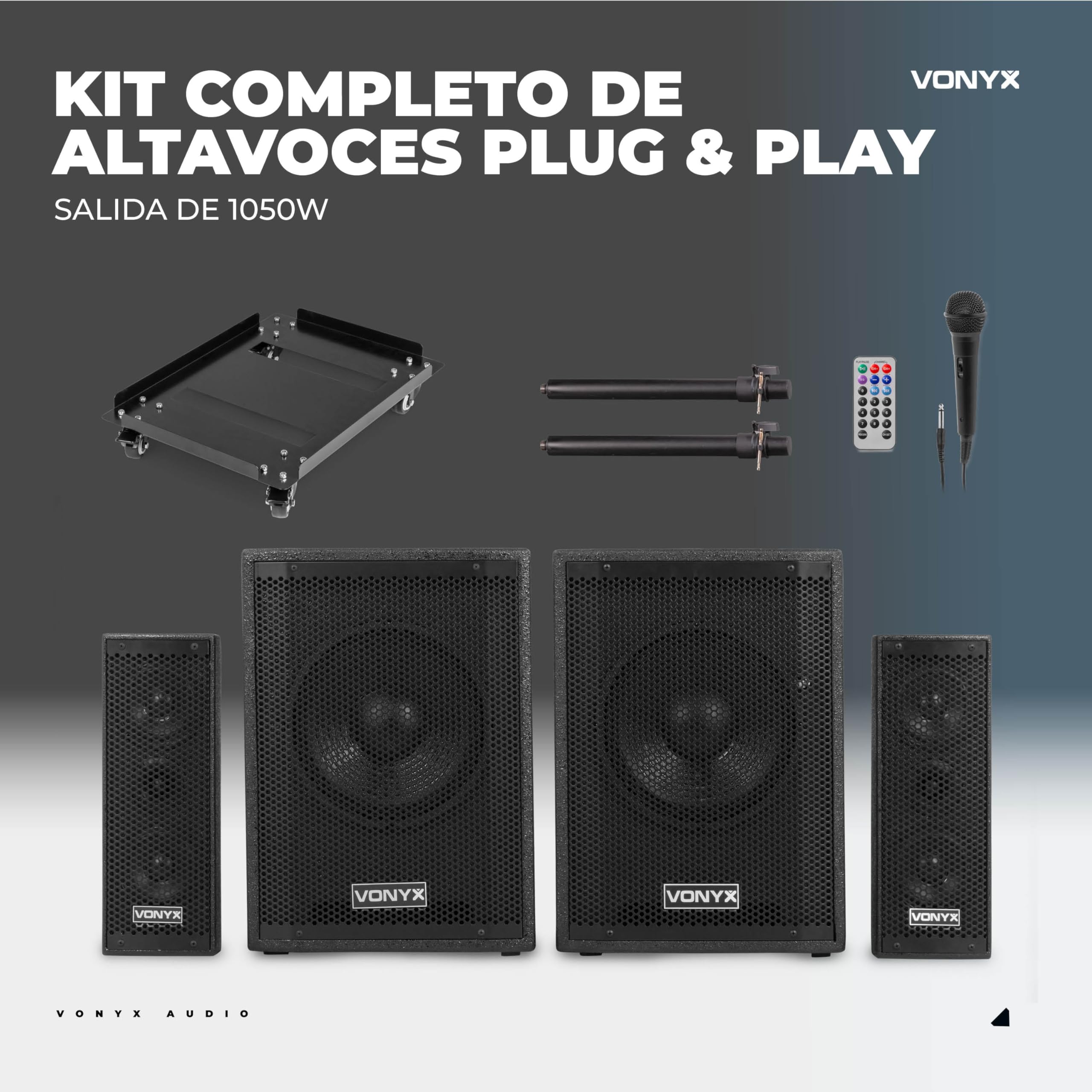 Vonyx VX1020BT – Sistema 2.2 Activo 1050W con Bluetooth, USB, SD, Doble subwoofer 10”, Micro, Trolley, Funda y Soportes, Equipo de Sonido Profesional para Eventos, Fiestas y DJ, Color Negro