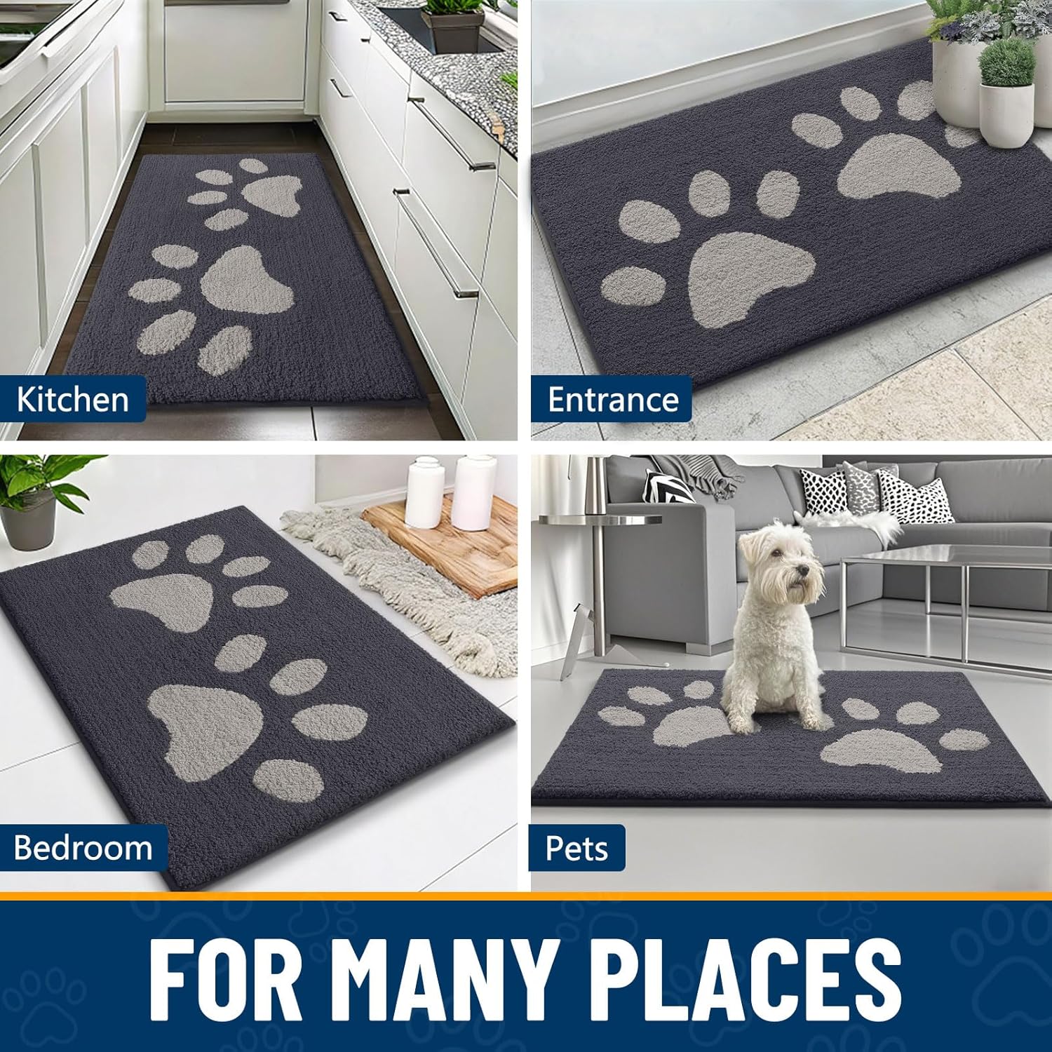 Smiry Dog Door Mat for Muddy Paws, Absorbs Moisture and Dirt, Low-Profile Entryway Mat with Non-Slip Backing, Entry Indoor Outdoor Doormat for Inside Floor (30x20 Inches, Dark Grey, Paw) - Image 9