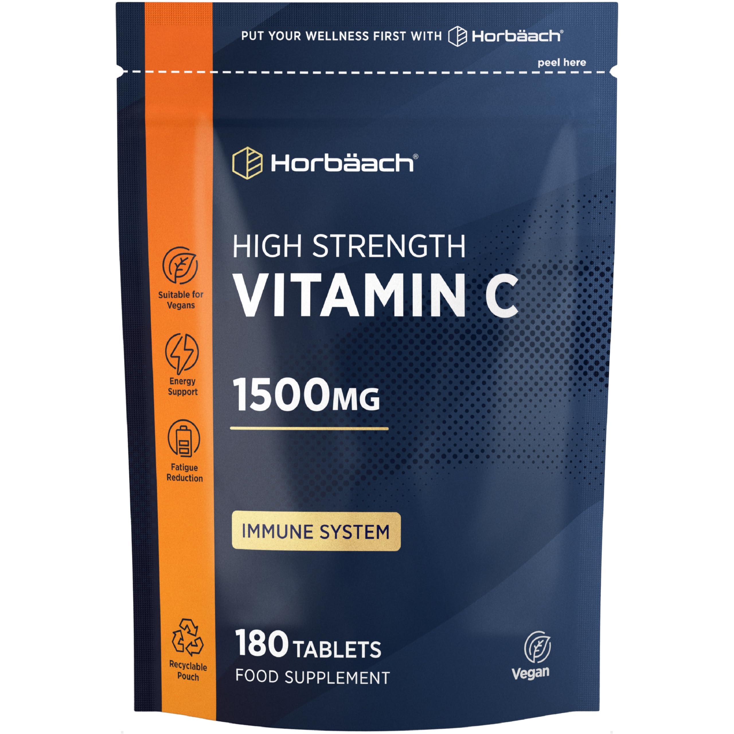 Vitamin C Tablets 1500mg | 180 Count | High Strength Vitamin C as Ascorbic Acid | Suitable for Vegetarian and Vegan | by Horbaach