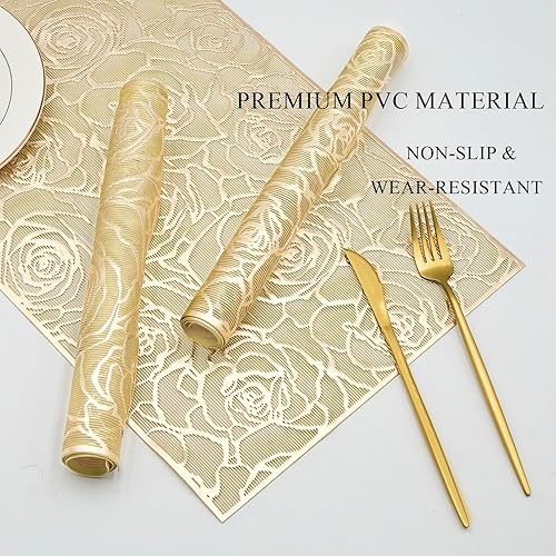Miniatura 2 de Juego de 6 manteles individuales rectangulares de vinilo prensado con flores metálicas, resistentes al calor, resistentes al calor, impermeables, a