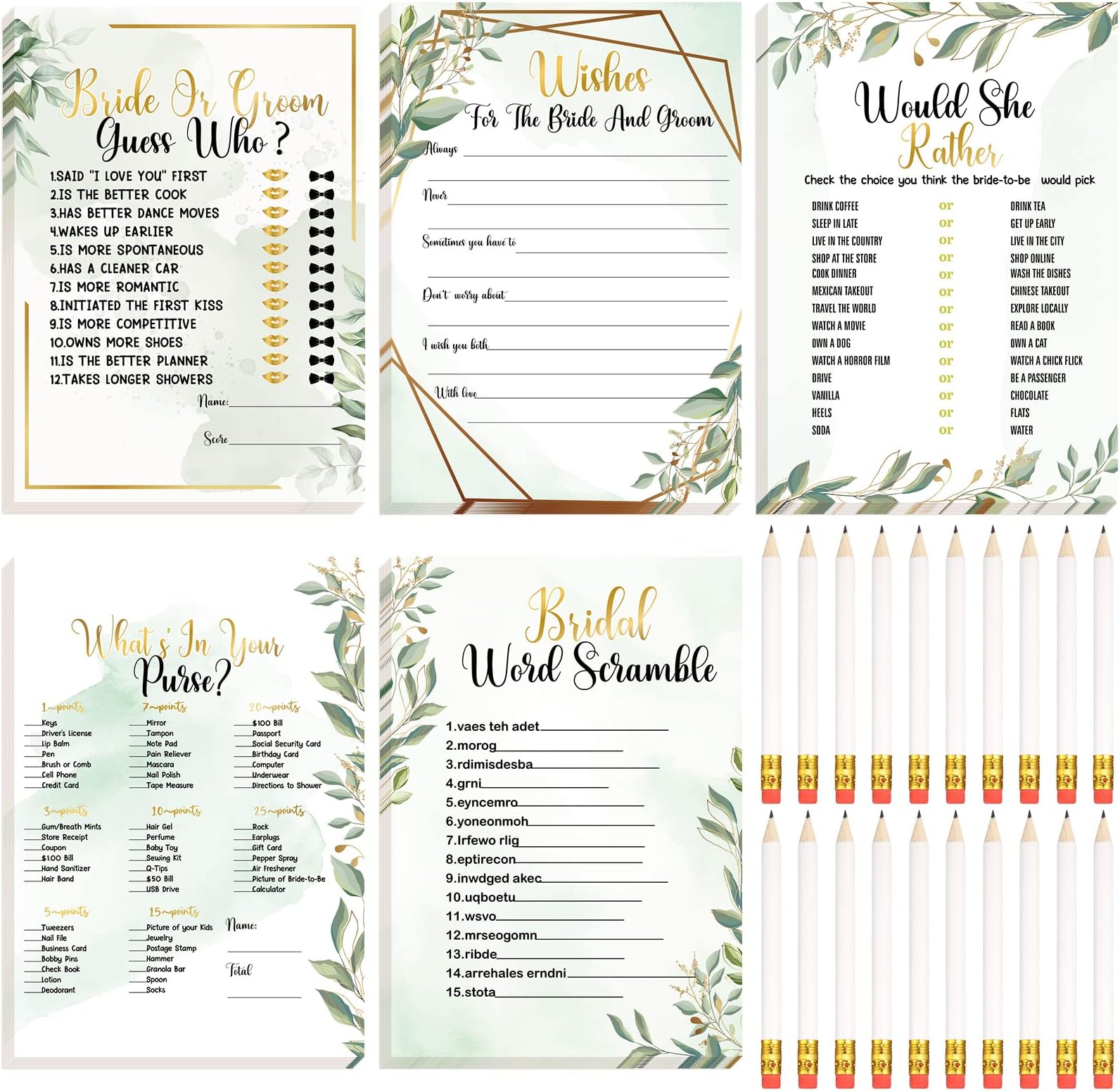 Teling 145 Pieces Bridal Shower Game Bridal Shower Favors Set Wedding Games Cards and Pencils for Bride Groom Bachelorette Party Wedding Party Favor(Eucalyptus Style)