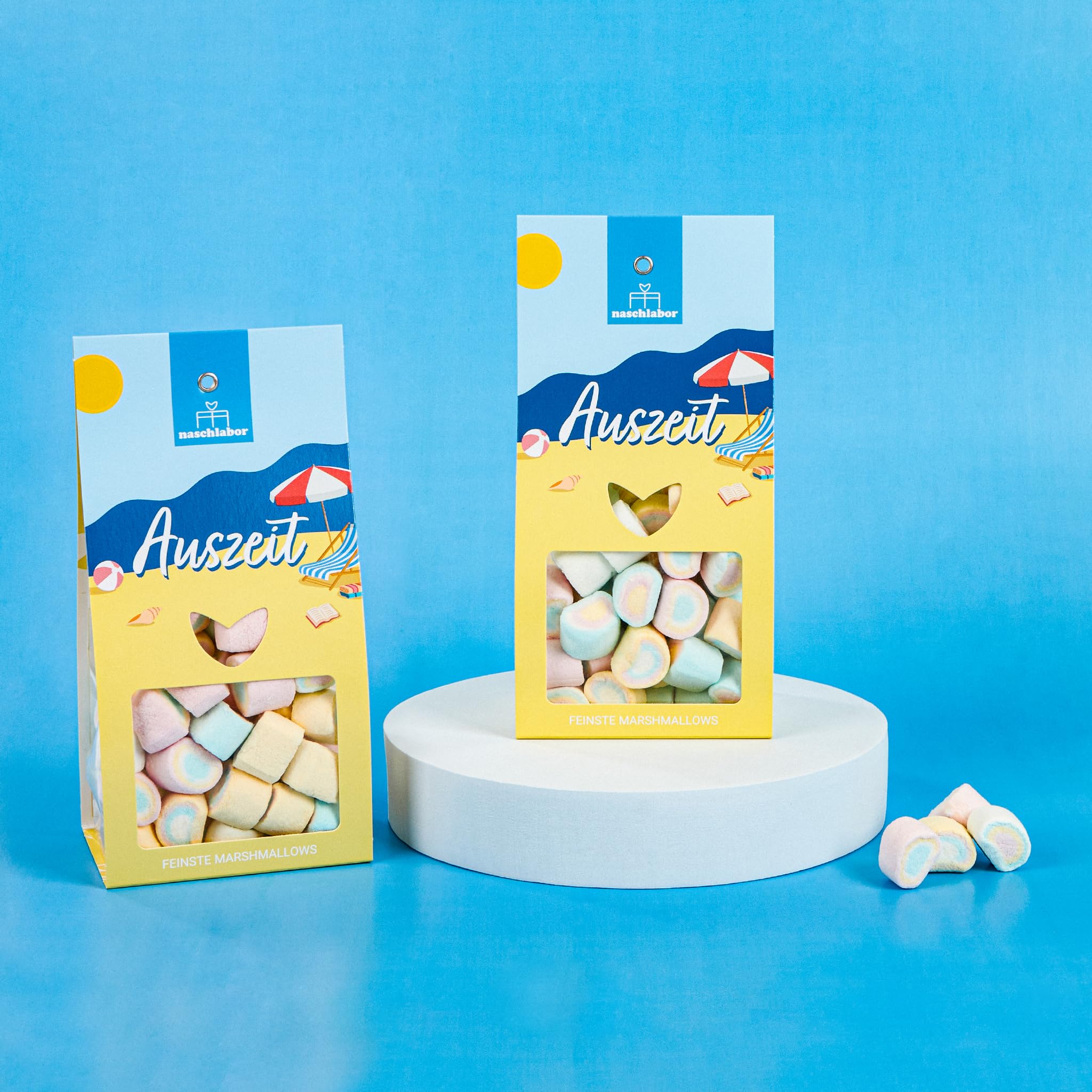Auszeit Marshmallows 90g | Bunte, luftige Marshmallows mit Vanille-Geschmack | Sommerliches Geschenk für Entspannung & Genuss | Süße Auszeit für Strand- und Urlaubsgefühle