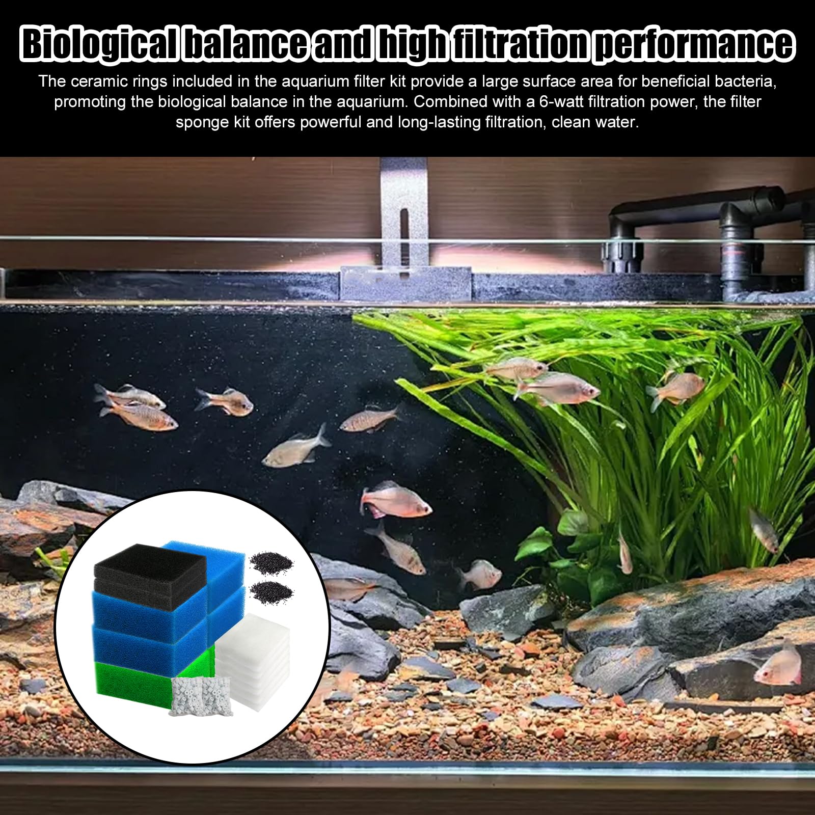 Set di filtri compatibili, kit per filtri per acquario, 6 spugne (2 blu fine, 2 blu grosso, 2 verdi), 6 lana filtrante, 2 spugne al carbonio attivo, 2 sacchetti di carbone attivo, 2 anelli in ceramica